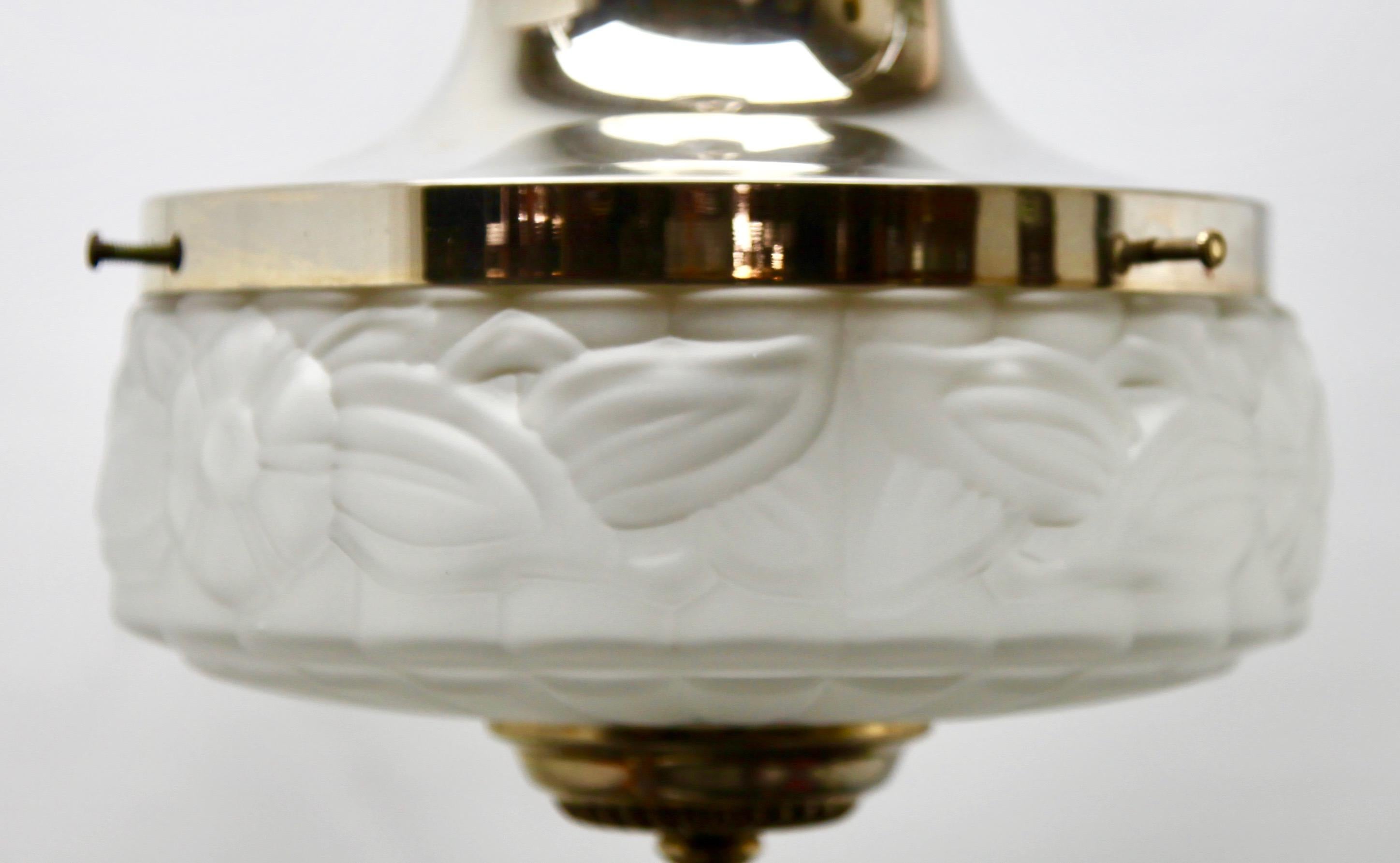 Brass Art Deco Ceiling Lamp, Scailmont Belgium Glass Shade, 1930s
