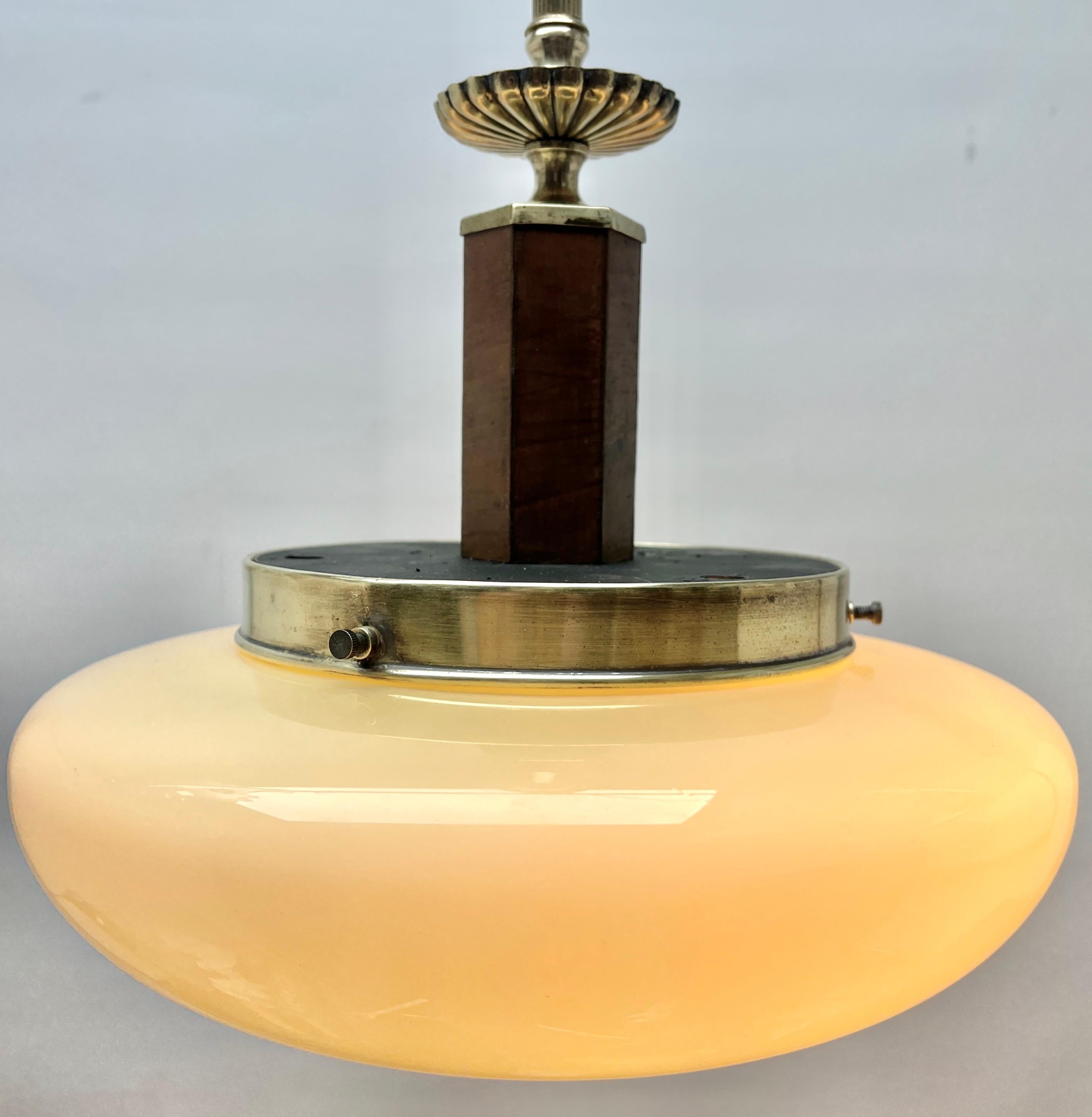 Wood Art Deco Ceiling Lamp, Scailmont Belgium Glass Shade, 1930s
