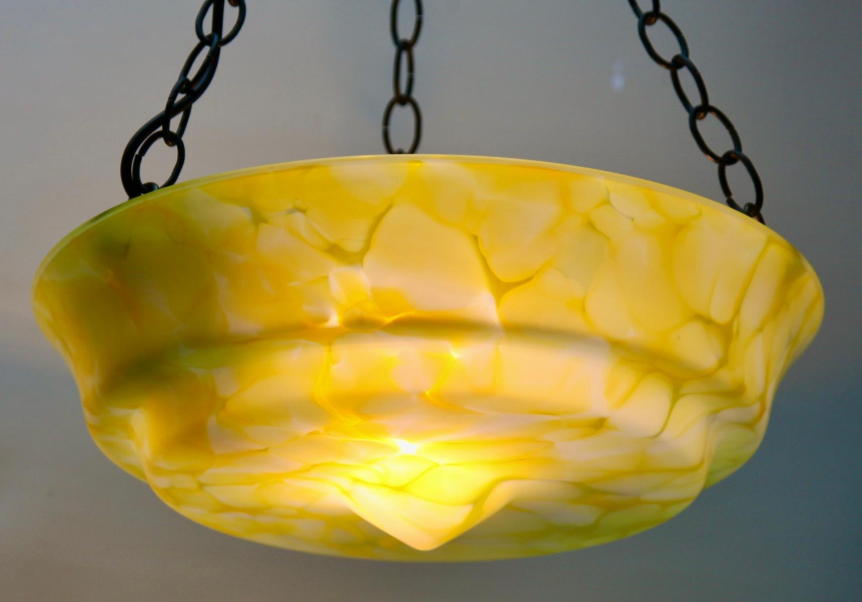 Art Deco Ceiling Lamp, Scailmont Belgium Glass Shade, 1930s For Sale 1