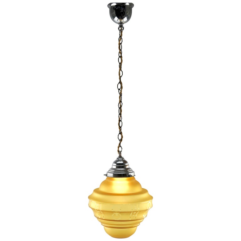 Art Deco Ceiling Lamp, Scailmont Belgium Glass Shade, 1930s For Sale