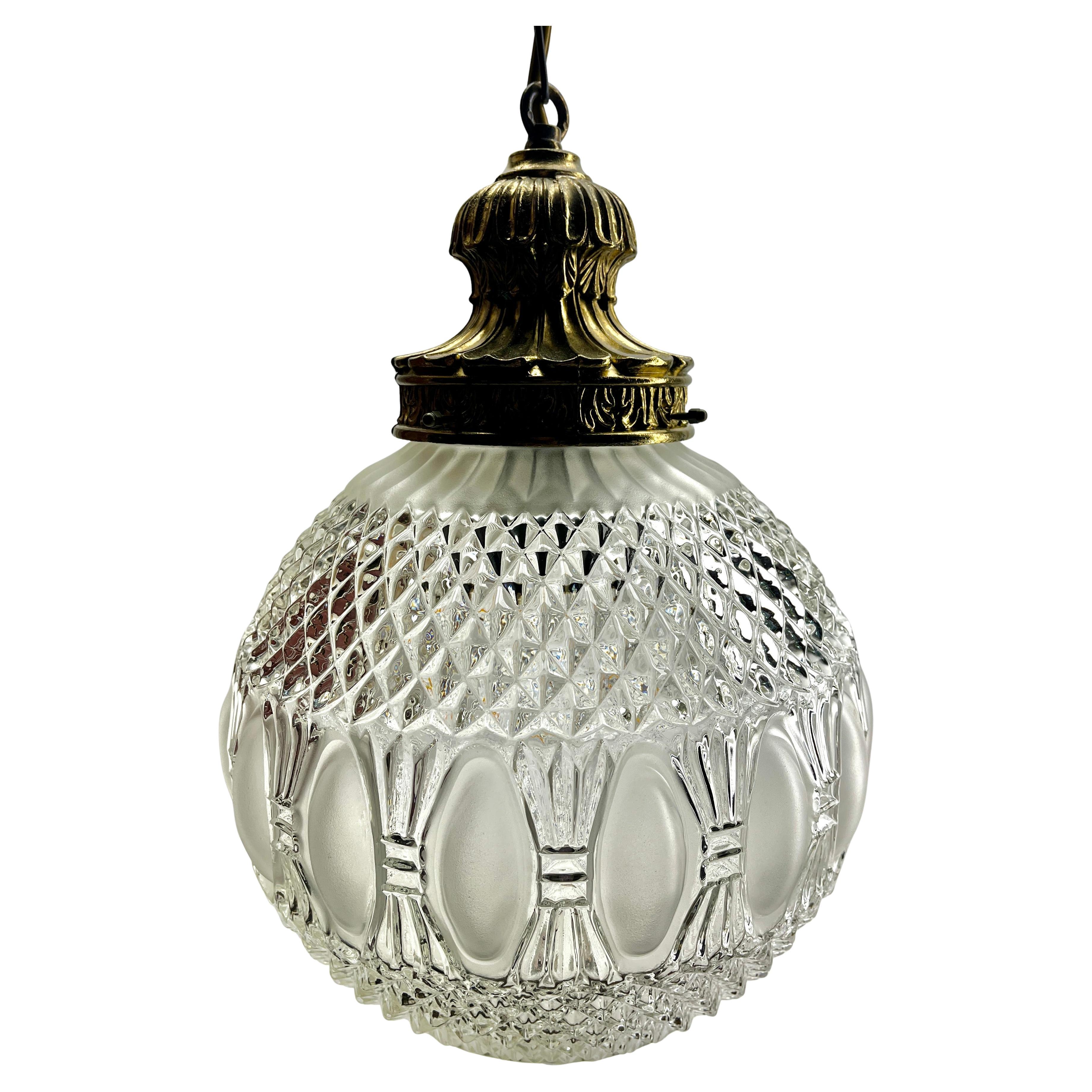 Art Deco Ceiling Lamp, Scailmont Belgium Glass Shade and Brass fitting 1930s For Sale 3