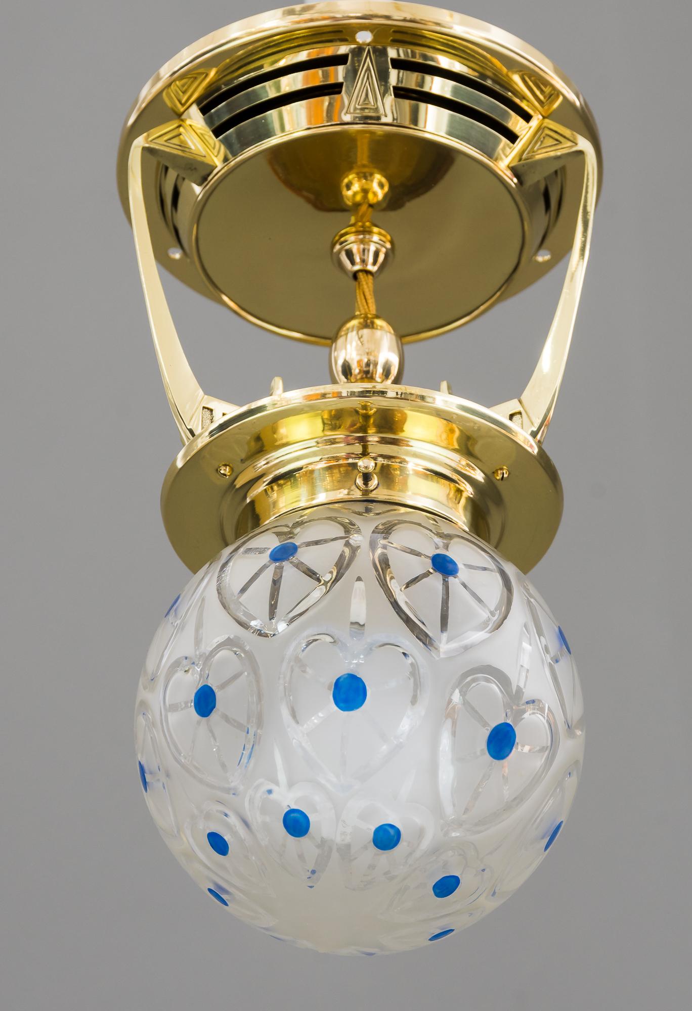 Art Deco ceiling lamp, Vienna, circa 1920s
Polished and stove enameled
Glass blue dots painted.