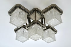 Art Deco Ceiling Lamp with Bronze Mount and Glass Shades, France 1920s