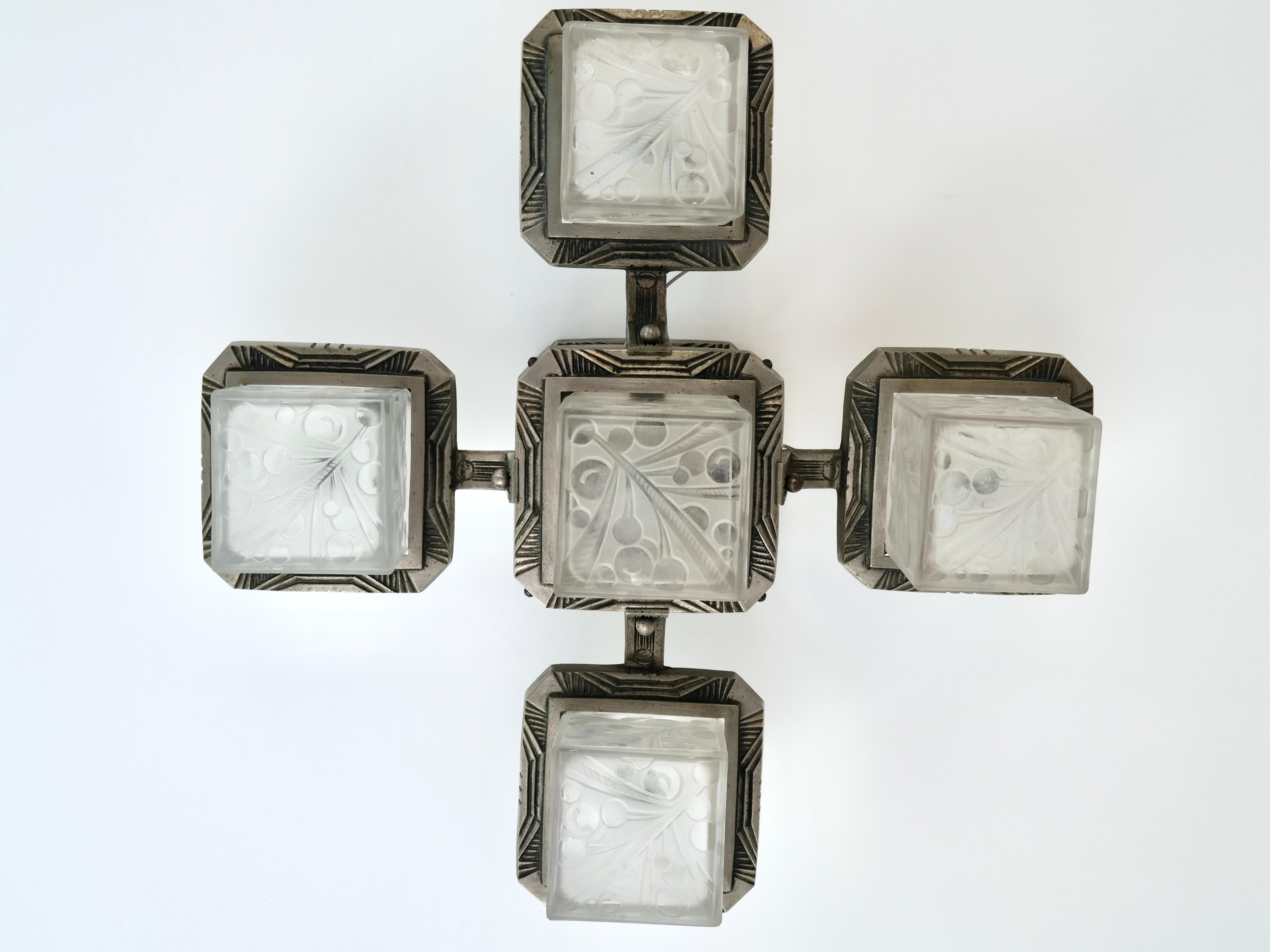 Art Deco Ceiling Lamp with Bronze Mount and Glass Shades, France 1920s For Sale 1
