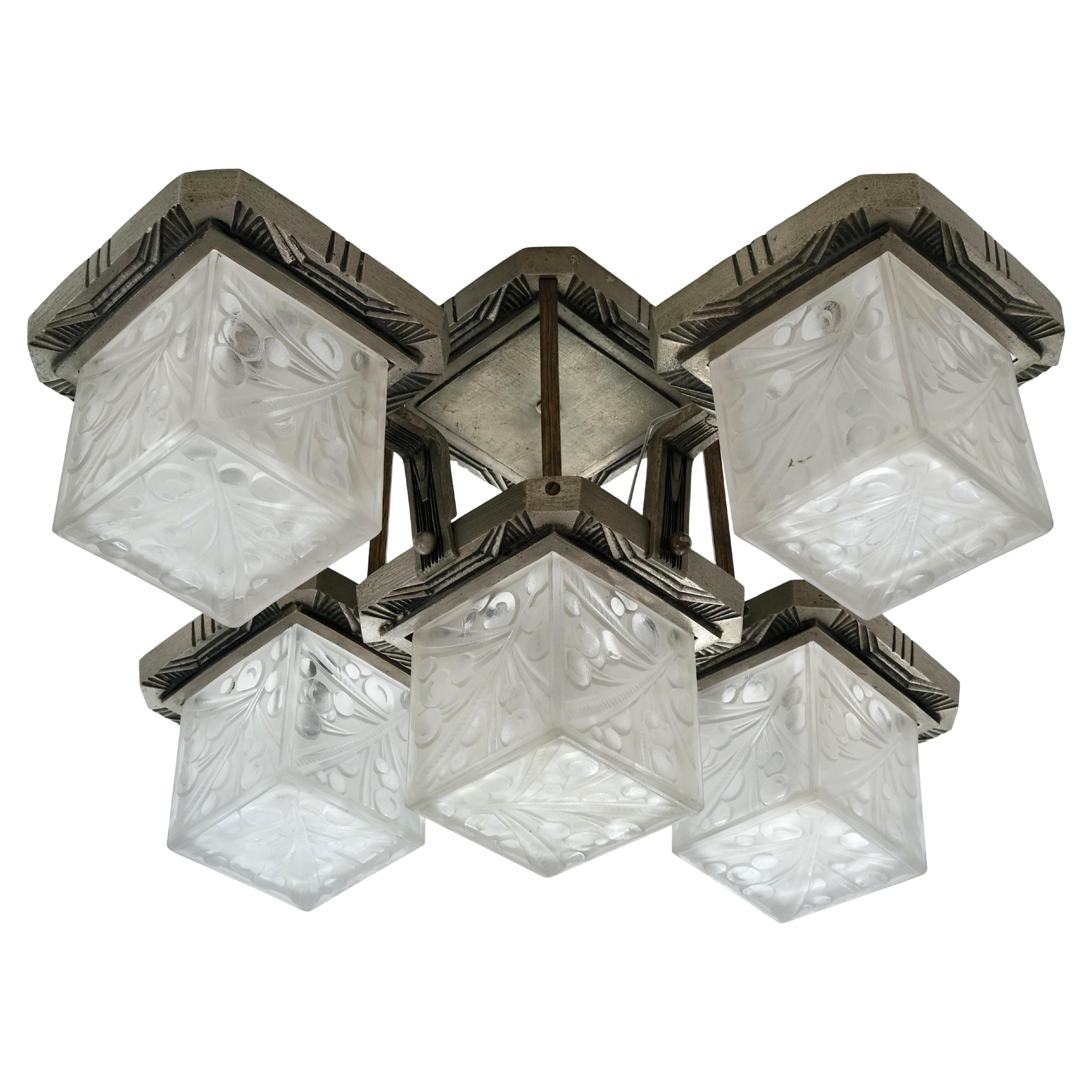 Art Deco Ceiling Lamp with Bronze Mount and Glass Shades, France 1920s For Sale