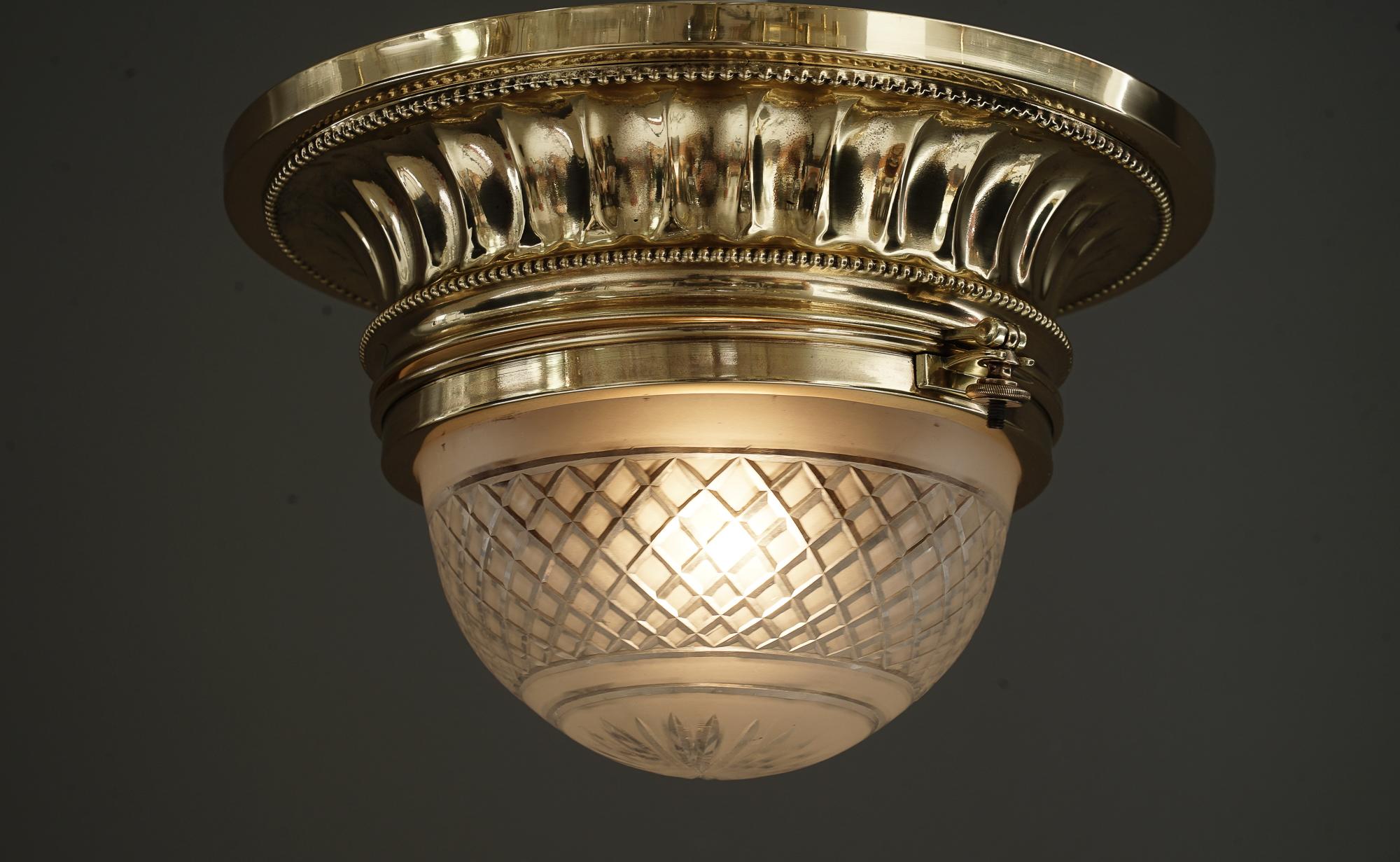 Art Deco Ceiling Lamp with Cut Glass Shade Vienna Around 1920s In Good Condition For Sale In Wien, AT