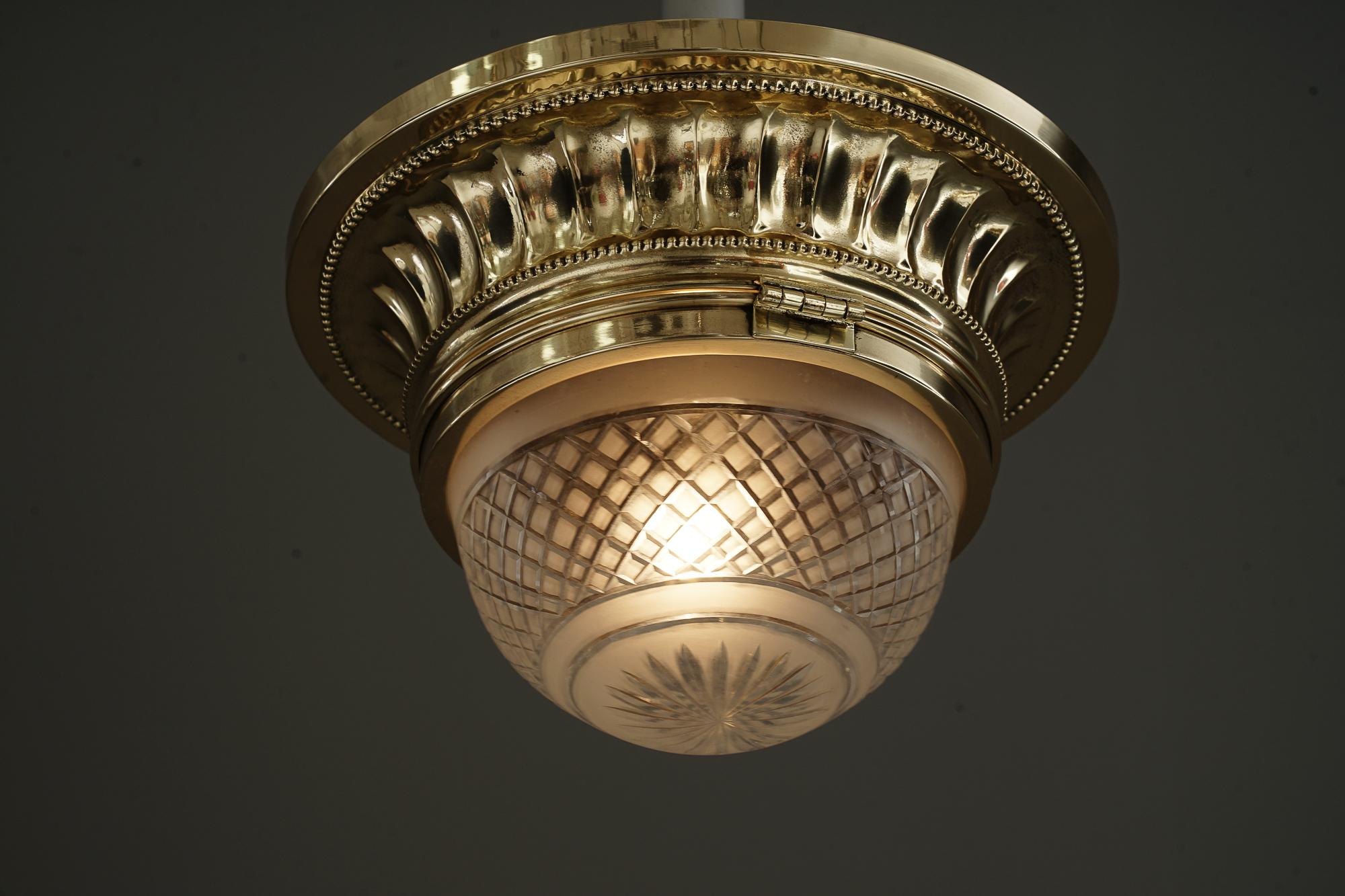 Early 20th Century Art Deco Ceiling Lamp with Cut Glass Shade Vienna Around 1920s For Sale