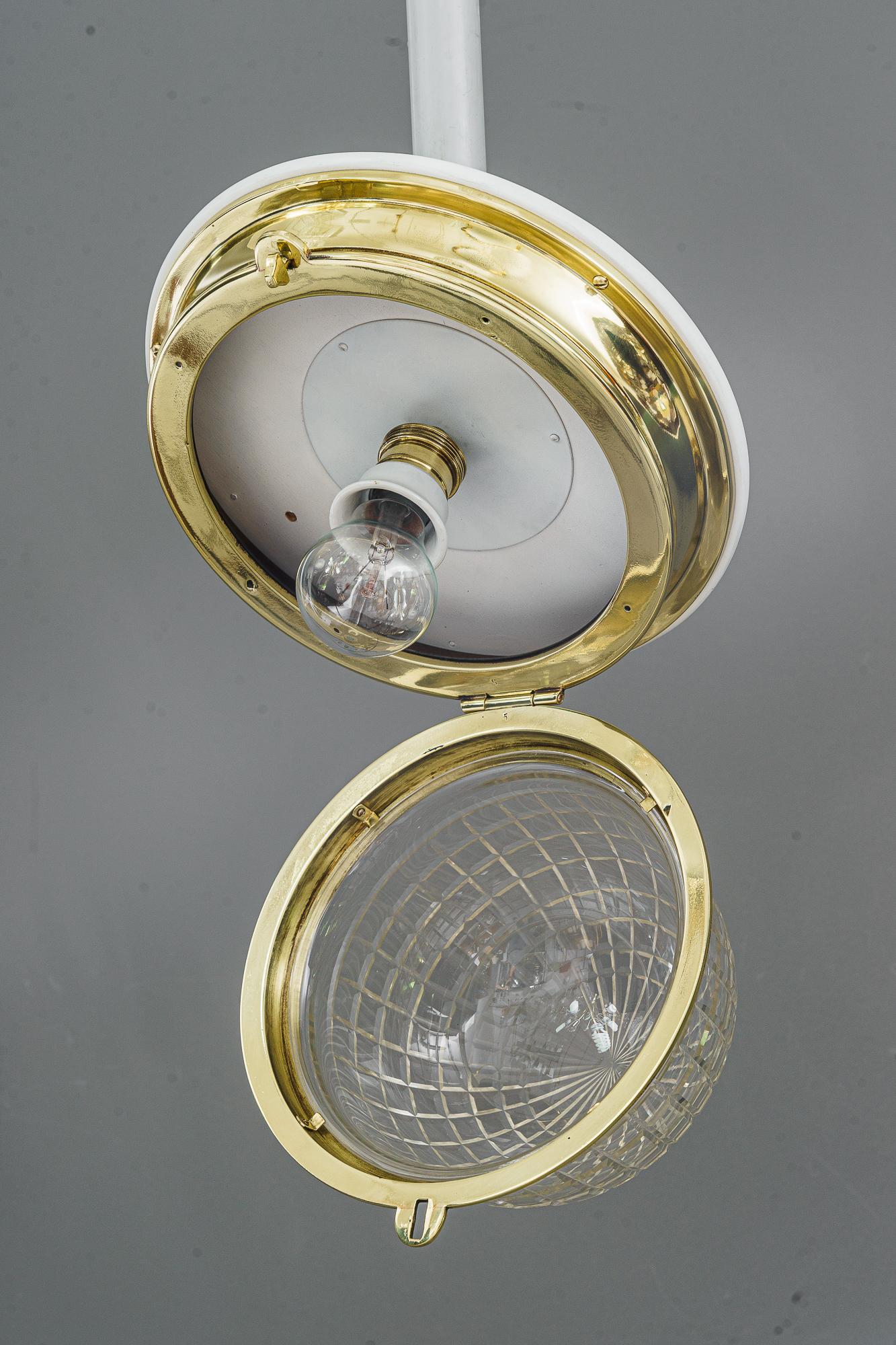 Early 20th Century Art Deco Ceiling Lamp with Cut Glass Shade Vienna Around, 1920s For Sale