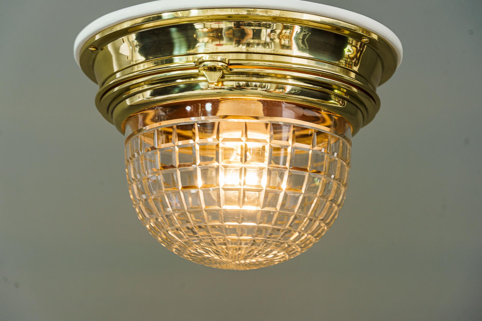 Brass Art Deco Ceiling Lamp with Cut Glass Shade Vienna Around, 1920s For Sale