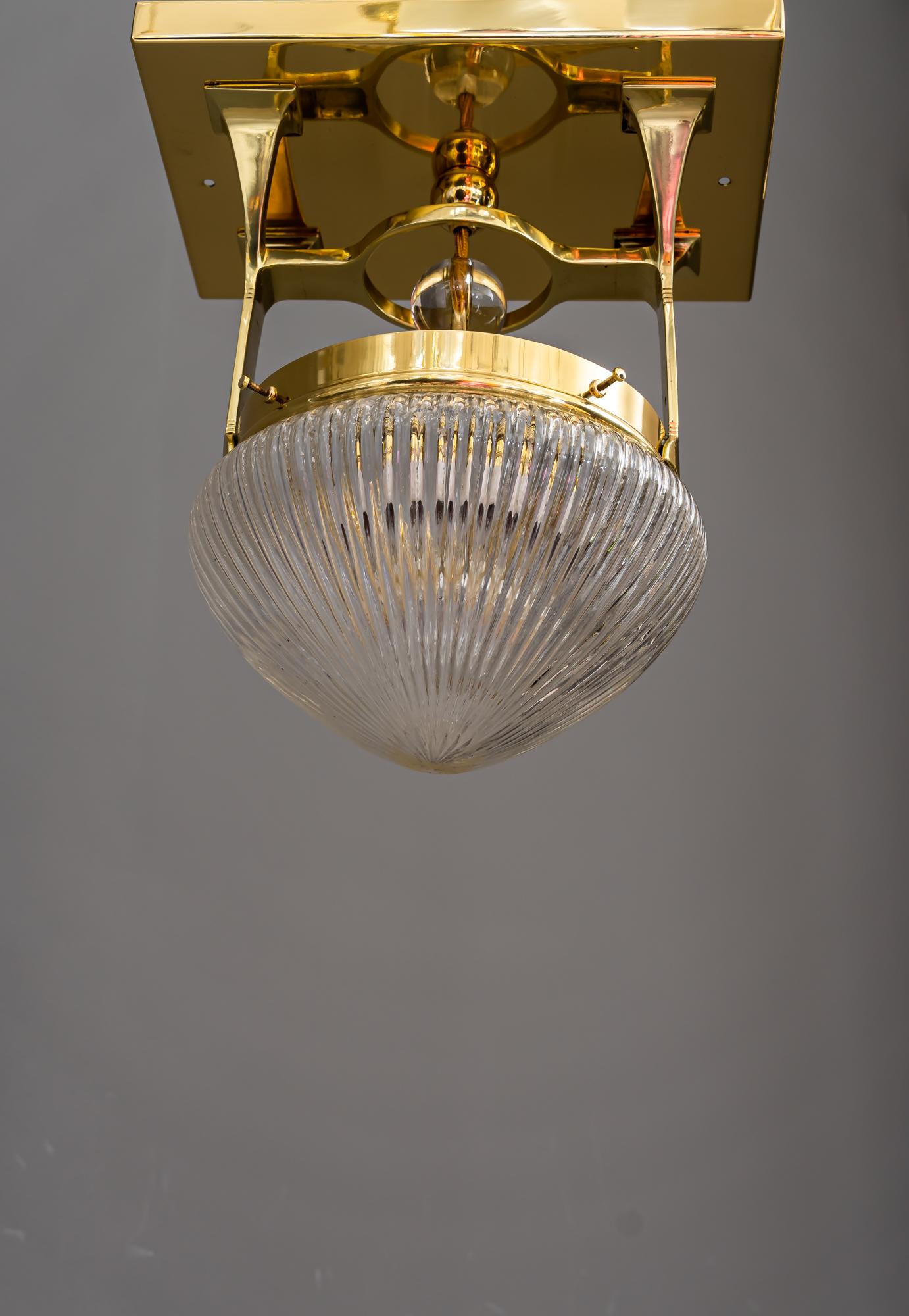Polished Art Deco Ceiling Lamp with Cut Glass Vienna Around 1920s