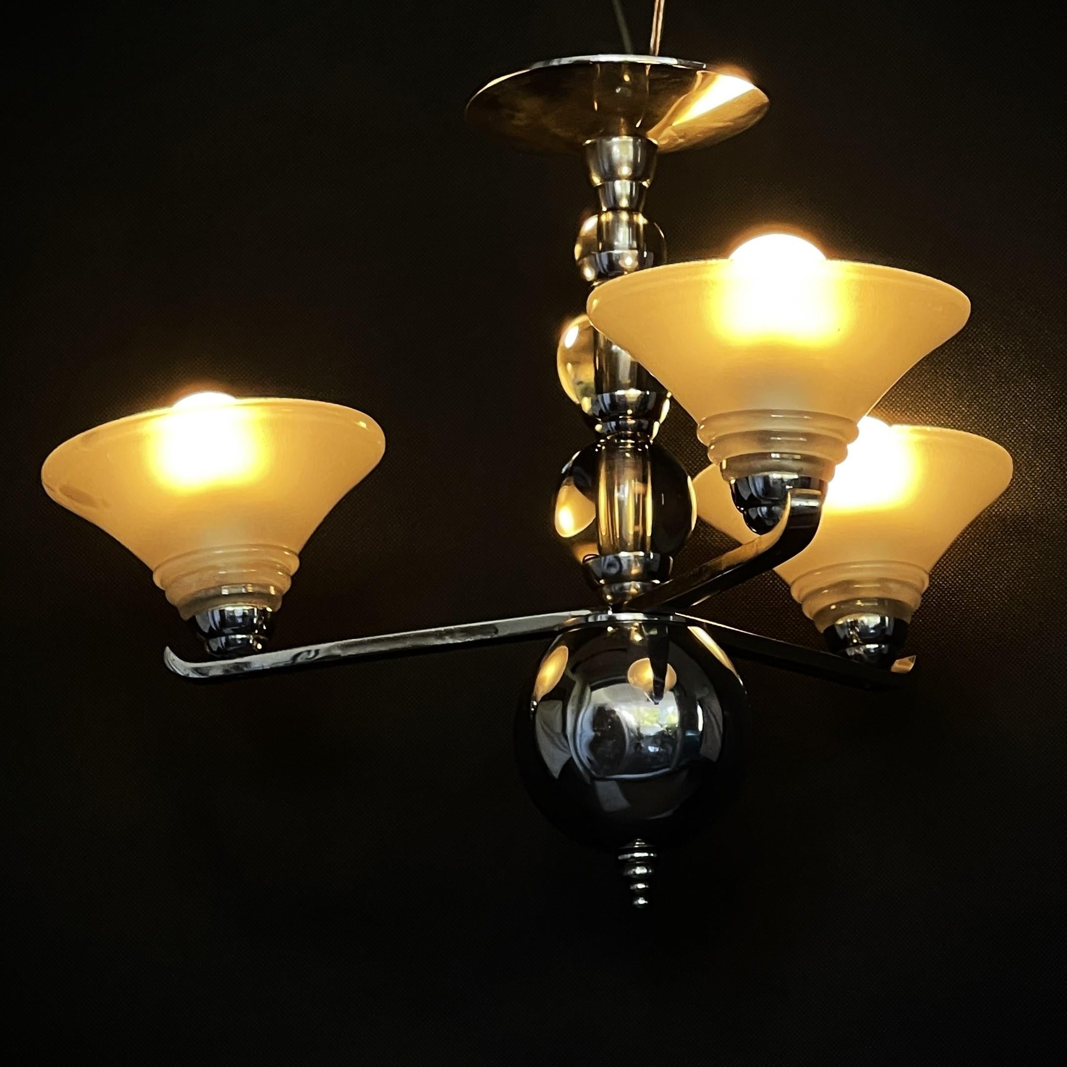 Metal Art Deco Ceiling Lamp with Glass Balls, Machine Age, 1920s For Sale