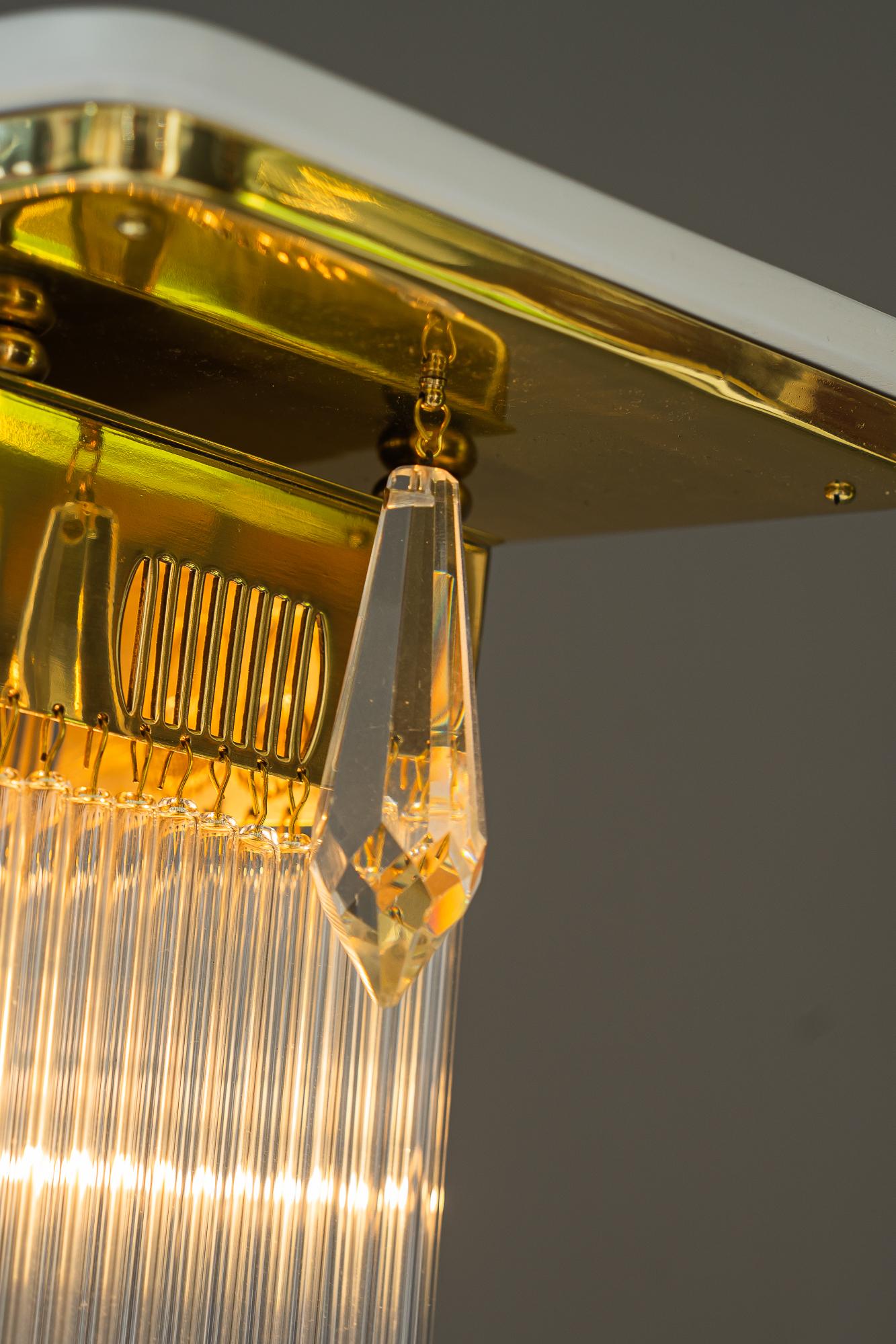 Brass Art Deco ceiling lamp with glass sticks vienna around 1920s For Sale