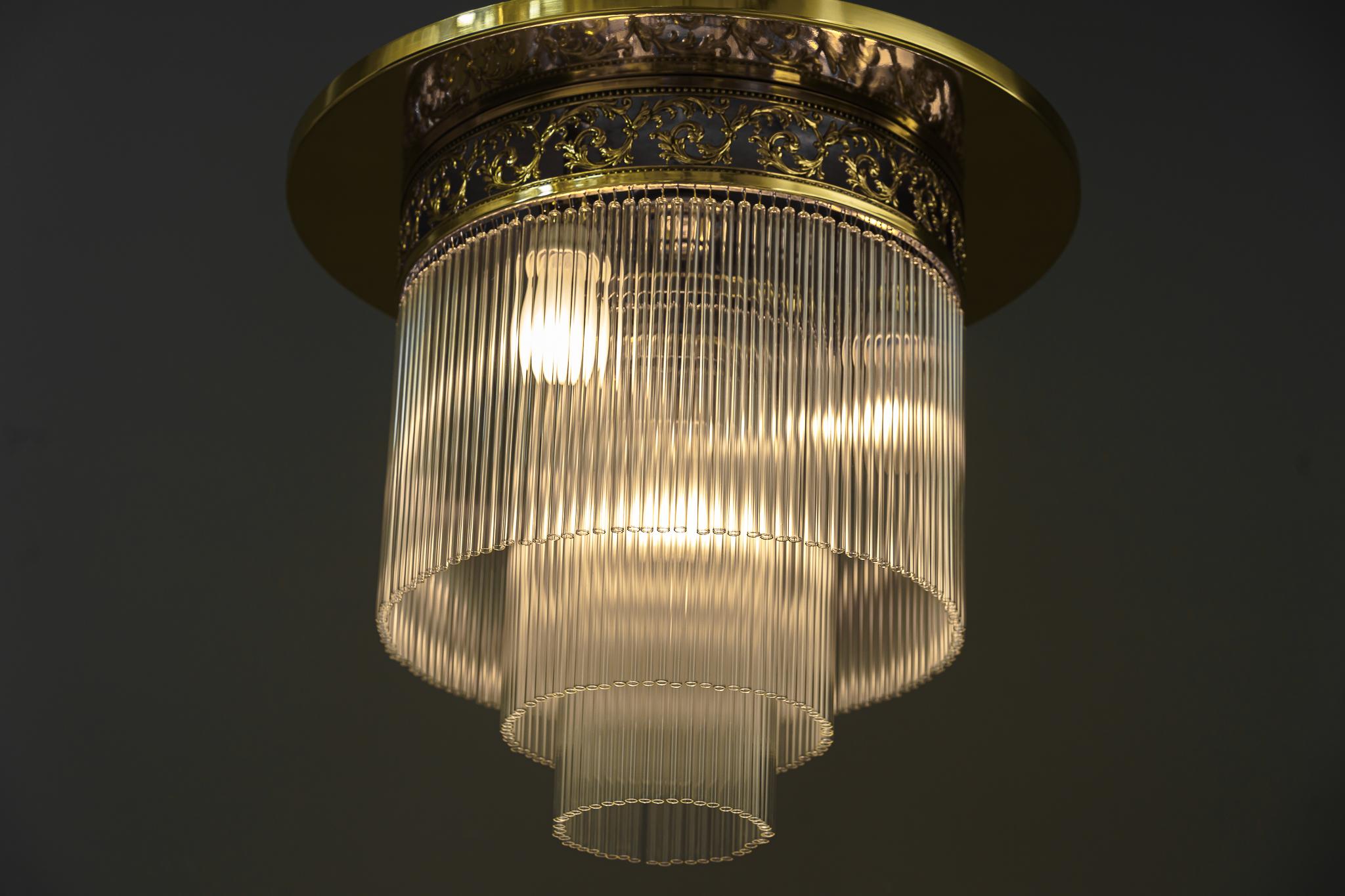 Brass Art Deco Ceiling Lamp with Glass Sticks, Vienna, Around 1920s For Sale