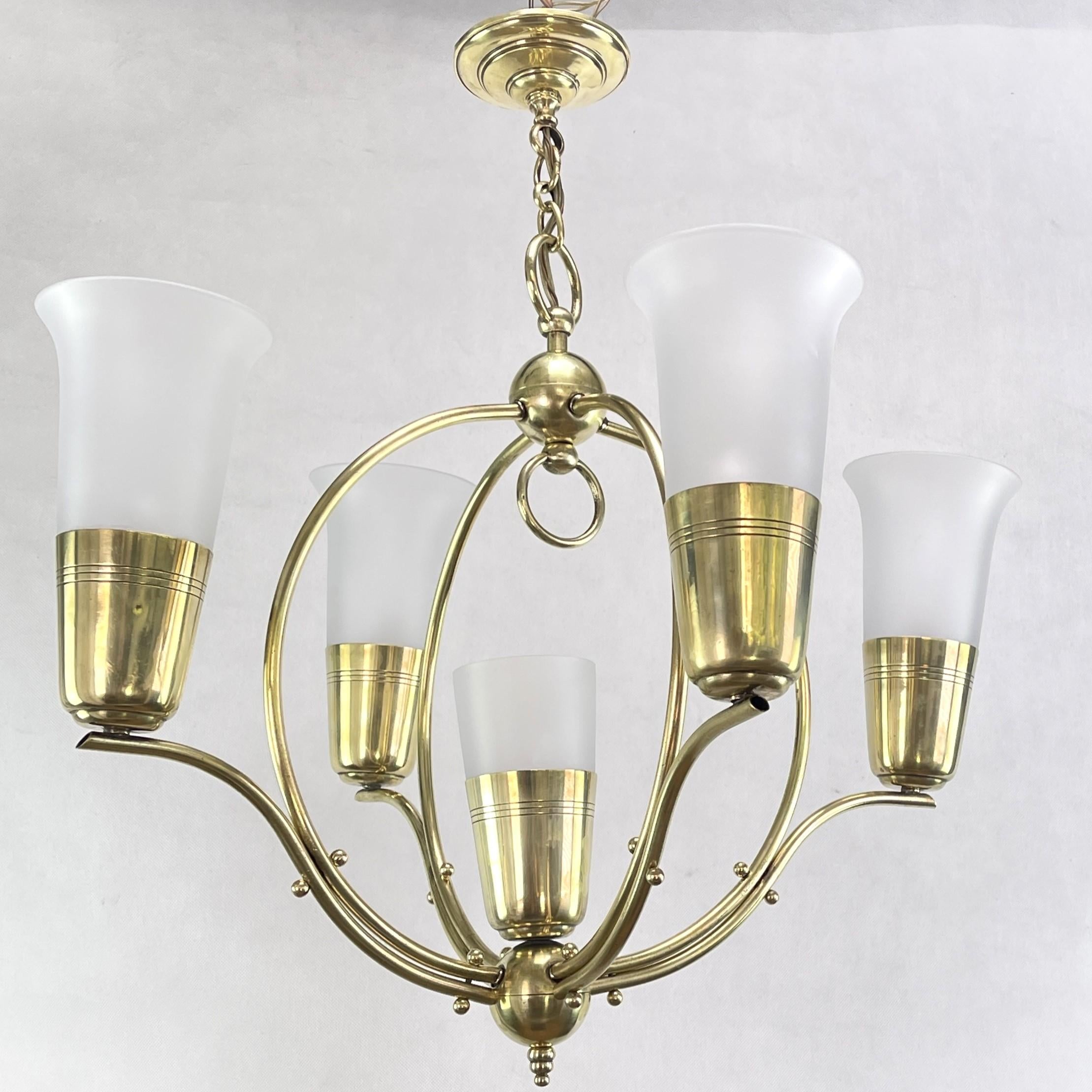French Art Deco Ceiling Lamp with Large Glass Tulips, 1930s For Sale