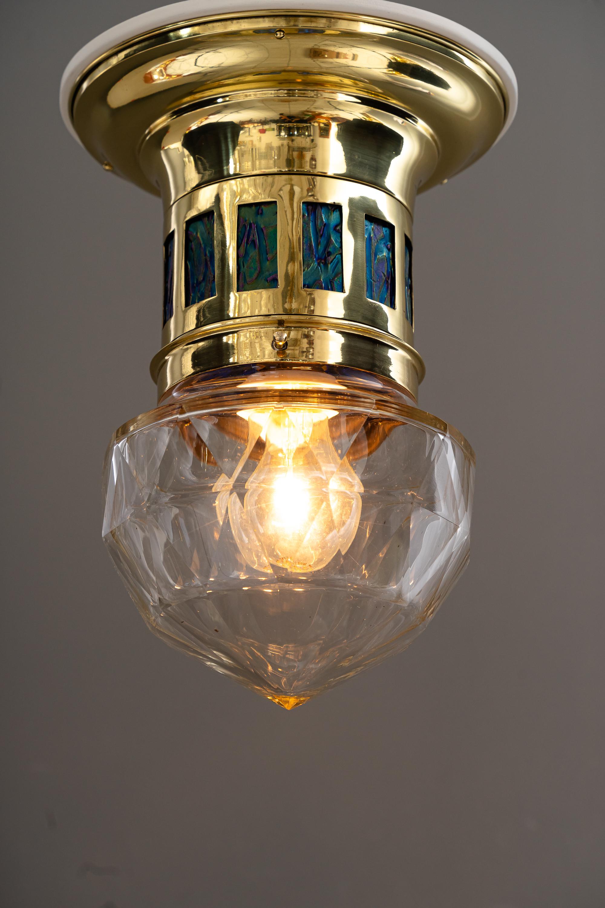Lacquered Art Deco ceiling lamp with loetz glasses and cut glass vienna around 1920 For Sale