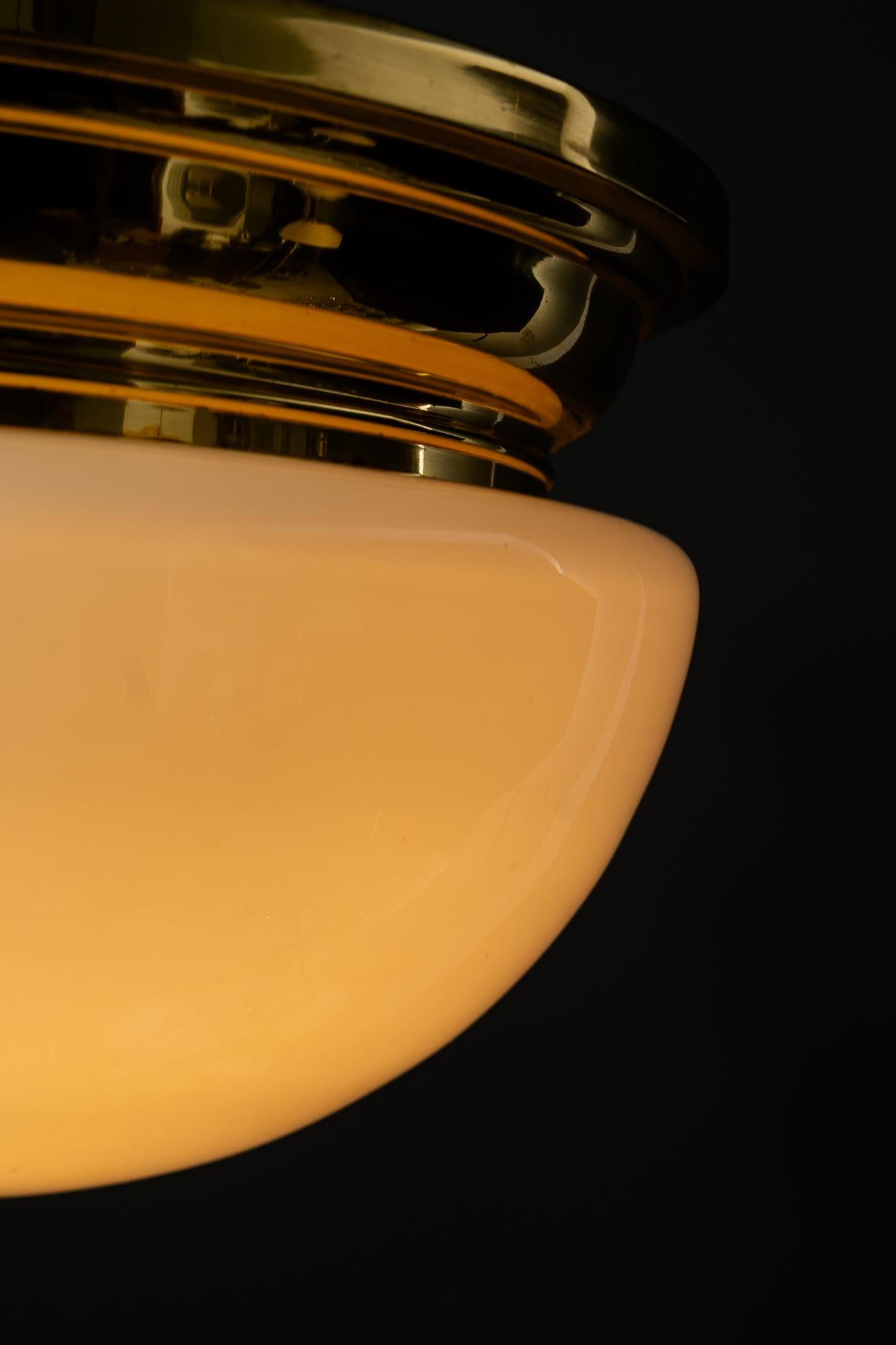 Brass Art Deco ceiling lamp with opal glass shade vienna around 1920 For Sale