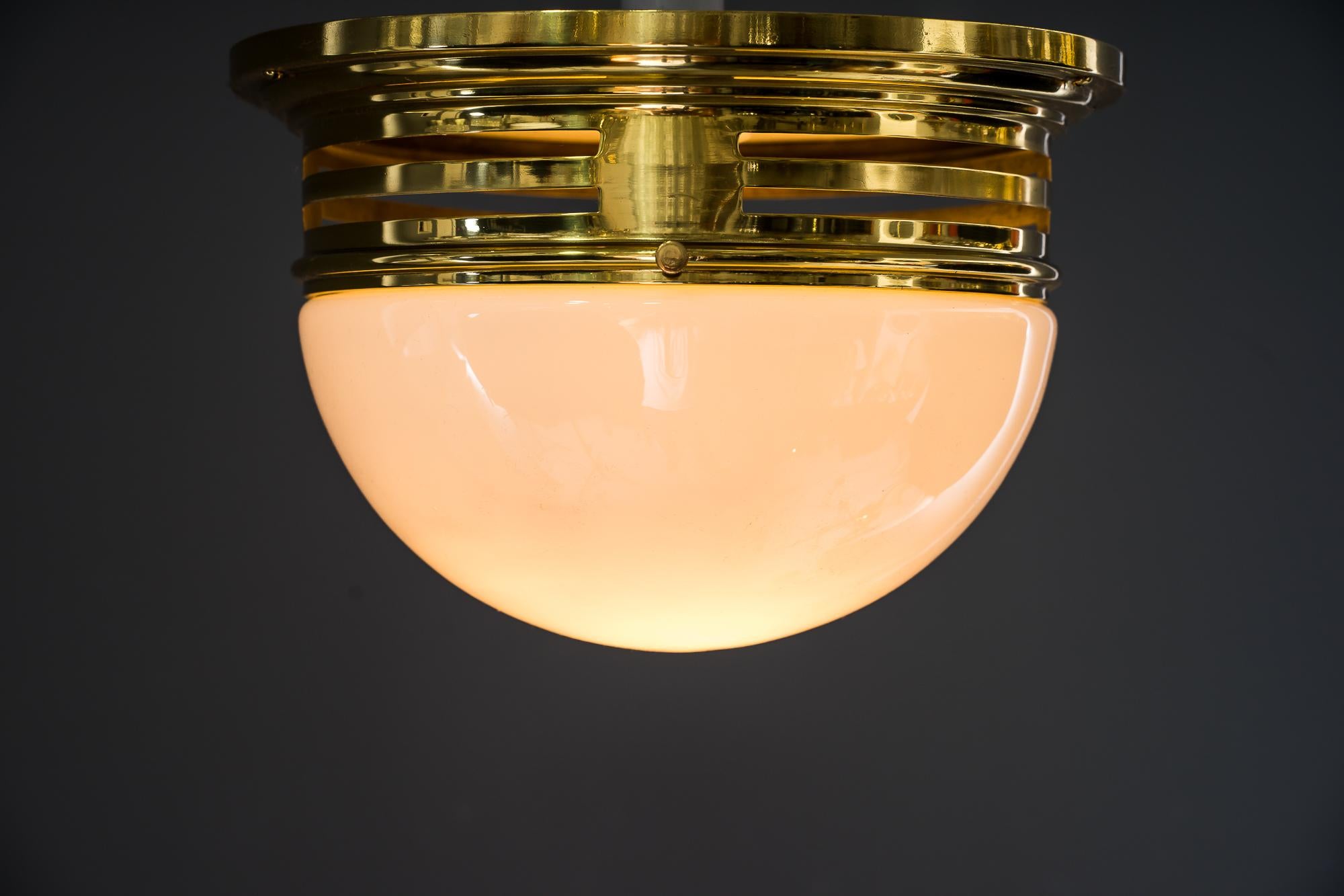 Brass Art Deco Ceiling Lamp with Opal Glass Vienna Around 1920s