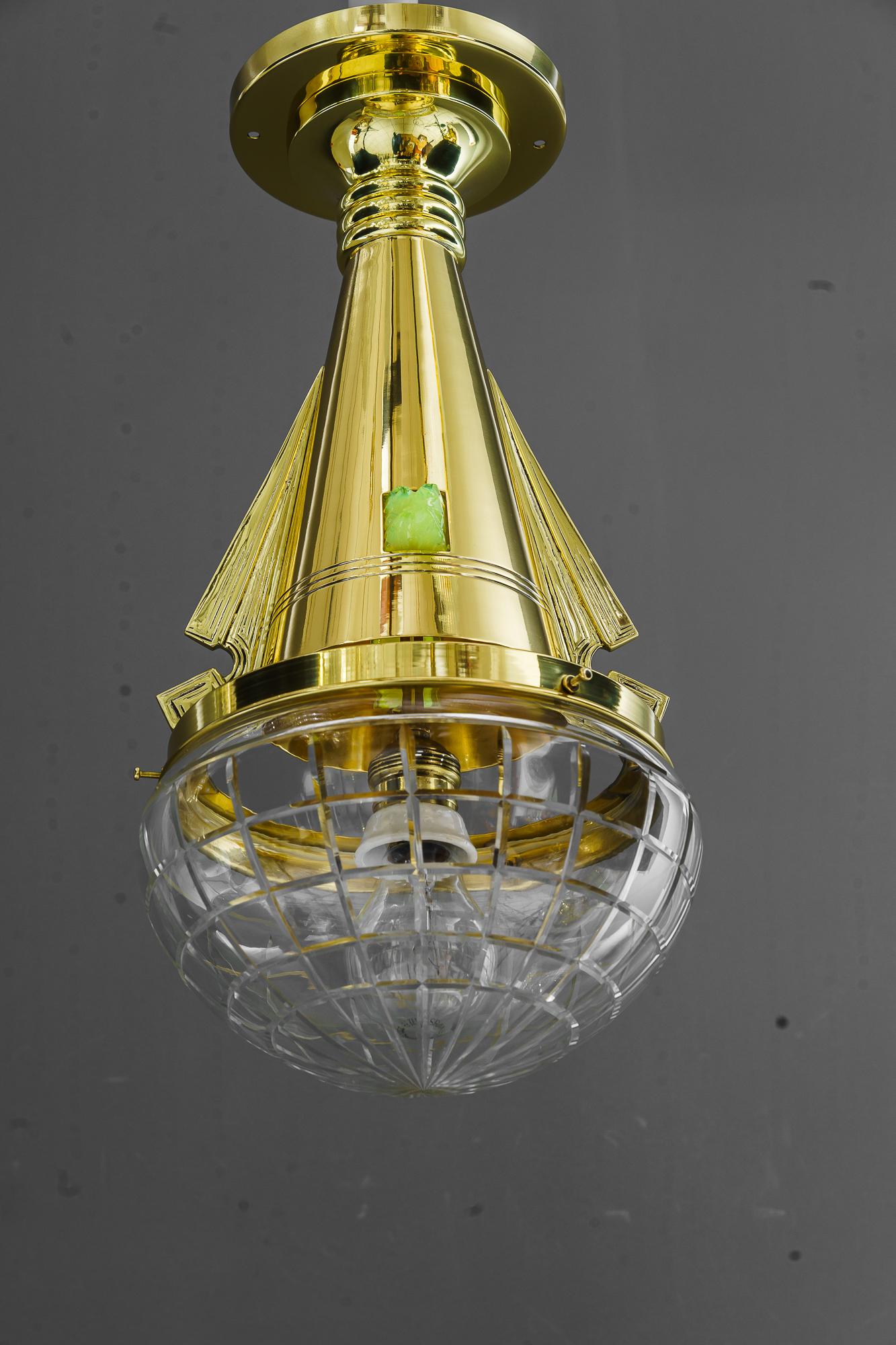 Austrian Art Deco ceiling lamp  with opaline and cut glass vienna around 1920s For Sale