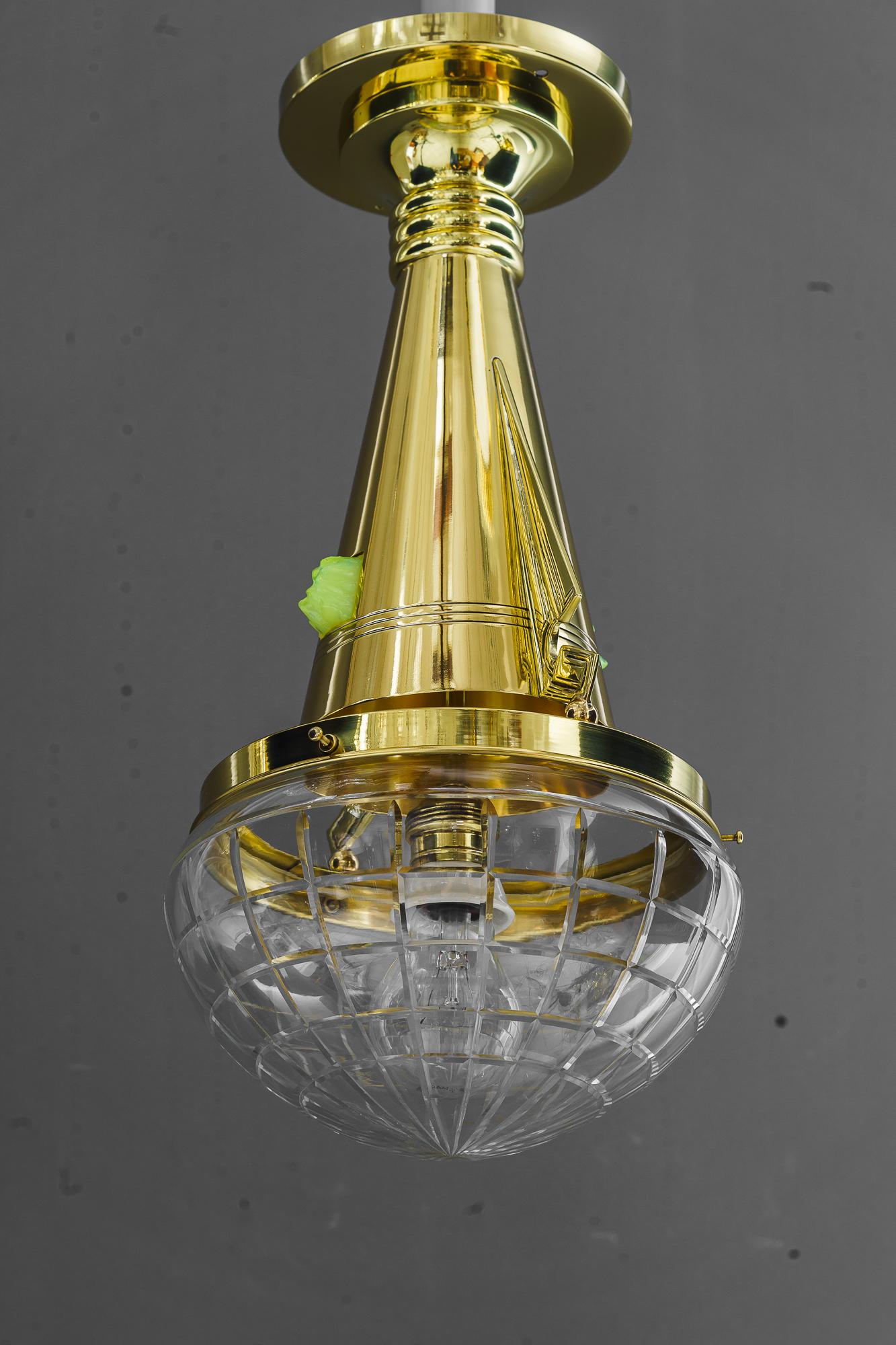 Lacquered Art Deco ceiling lamp  with opaline and cut glass vienna around 1920s For Sale