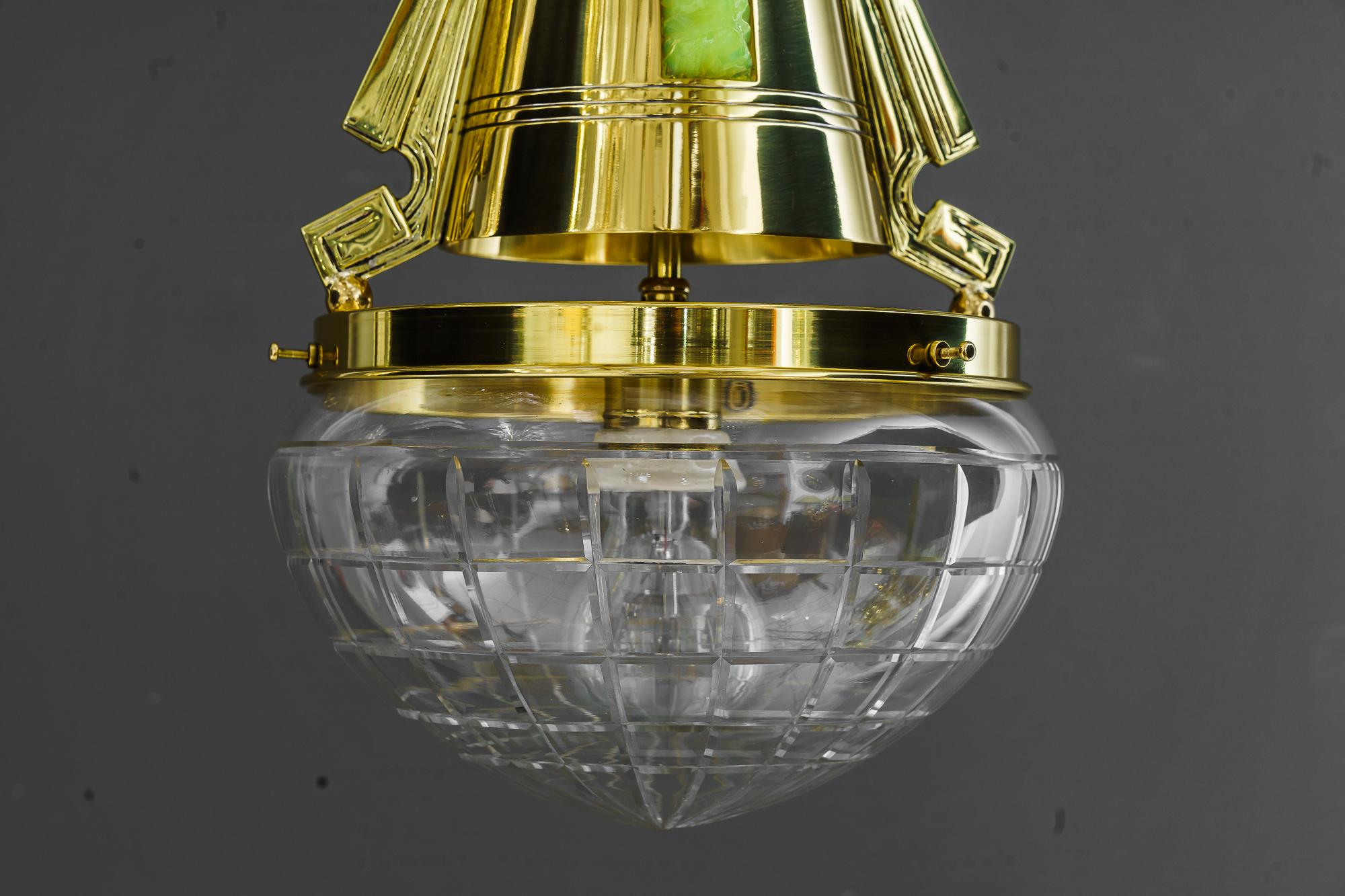 Art Deco ceiling lamp  with opaline and cut glass vienna around 1920s In Good Condition For Sale In Wien, AT