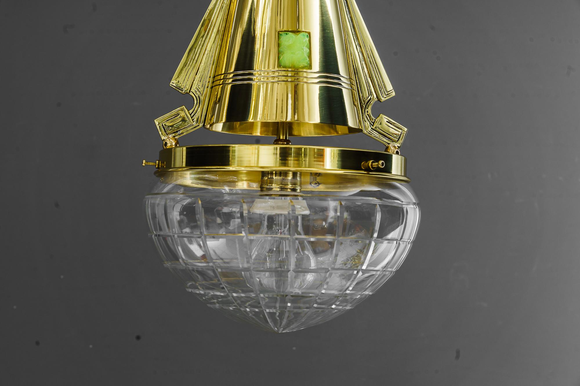 Brass Art Deco ceiling lamp  with opaline and cut glass vienna around 1920s For Sale