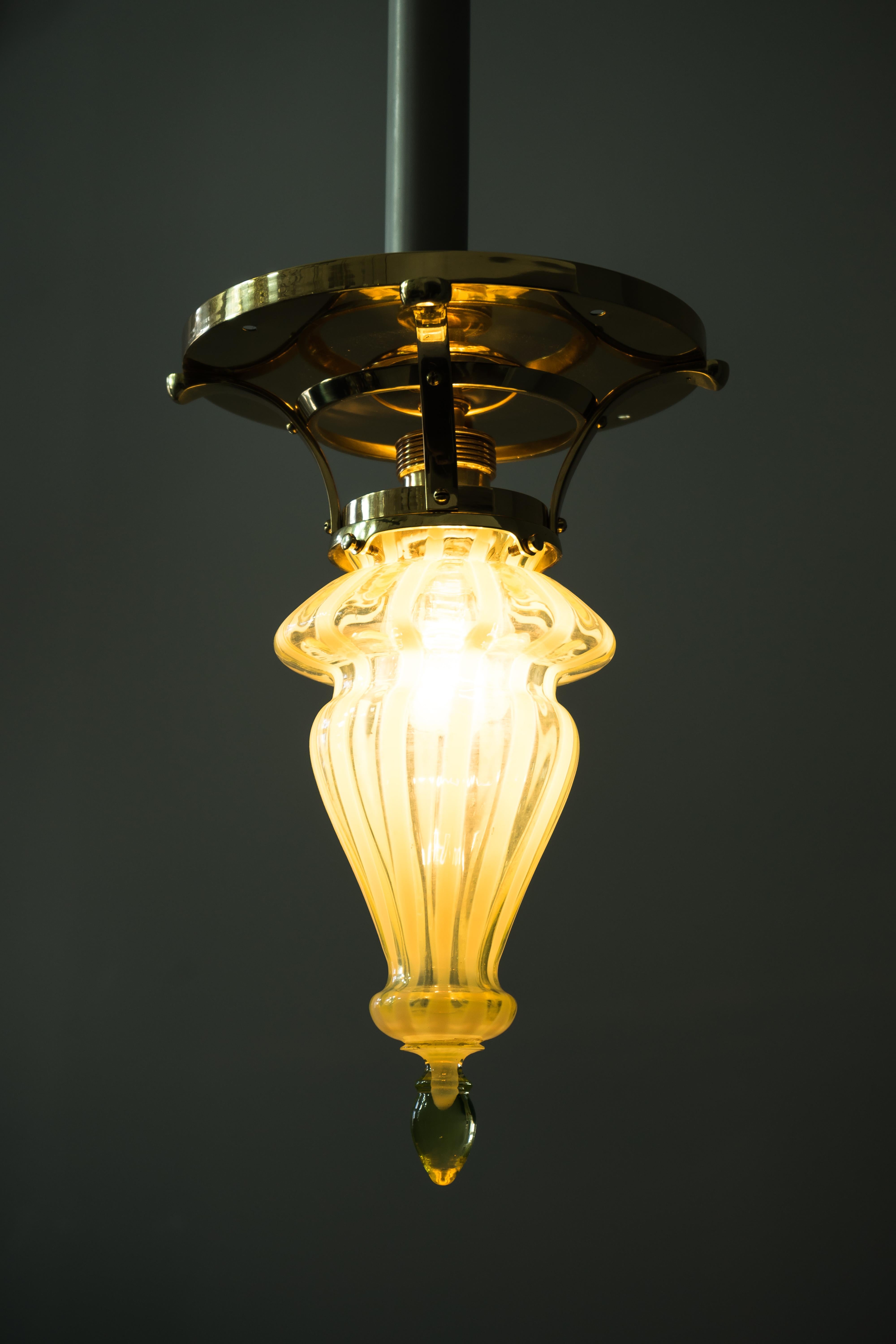 Polished Art Deco Ceiling Lamp with Opaline Glass Shade, circa 1918 For Sale