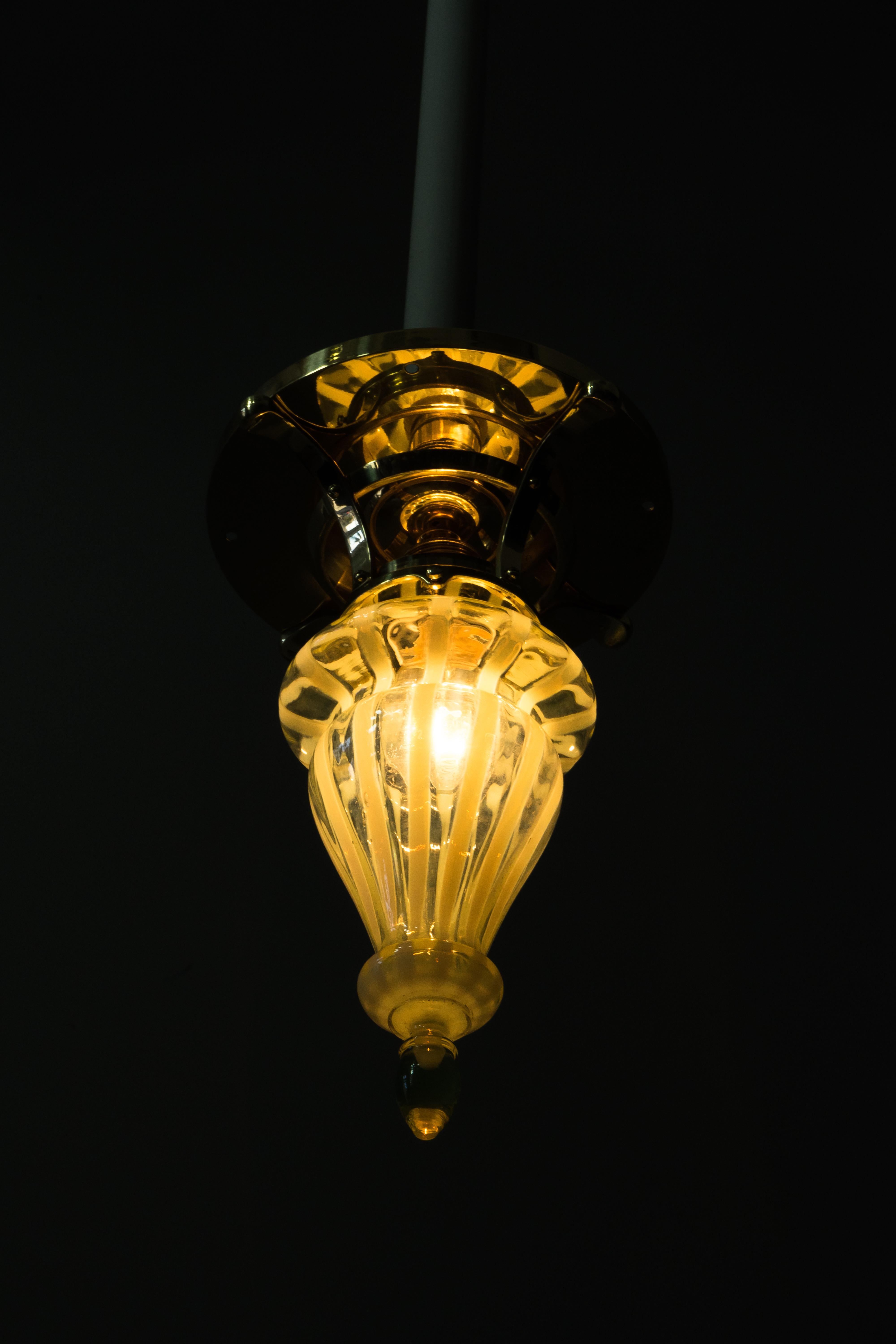 Brass Art Deco Ceiling Lamp with Opaline Glass Shade, circa 1918 For Sale