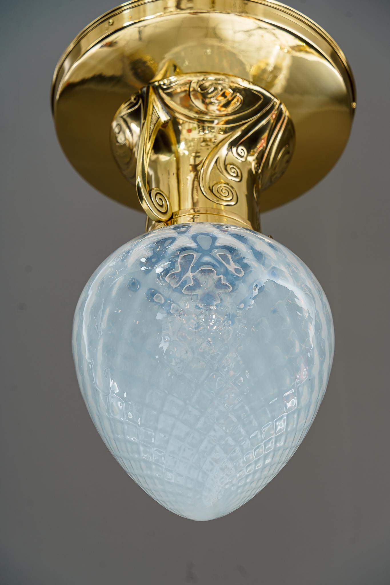 Austrian Art Deco Ceiling Lamp with Opaline Glass Shade Vienna Around 1920 For Sale