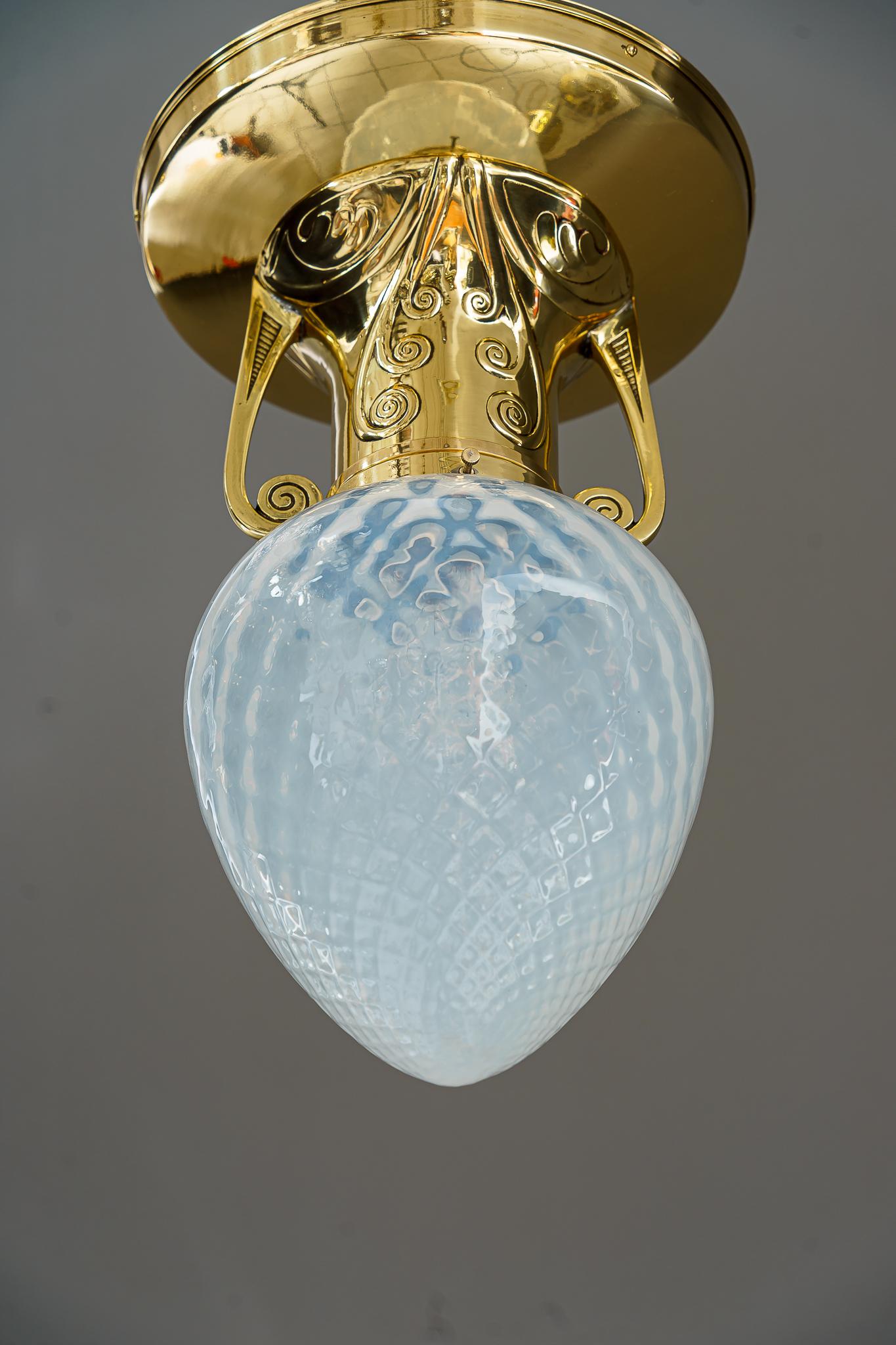 Lacquered Art Deco Ceiling Lamp with Opaline Glass Shade Vienna Around 1920 For Sale