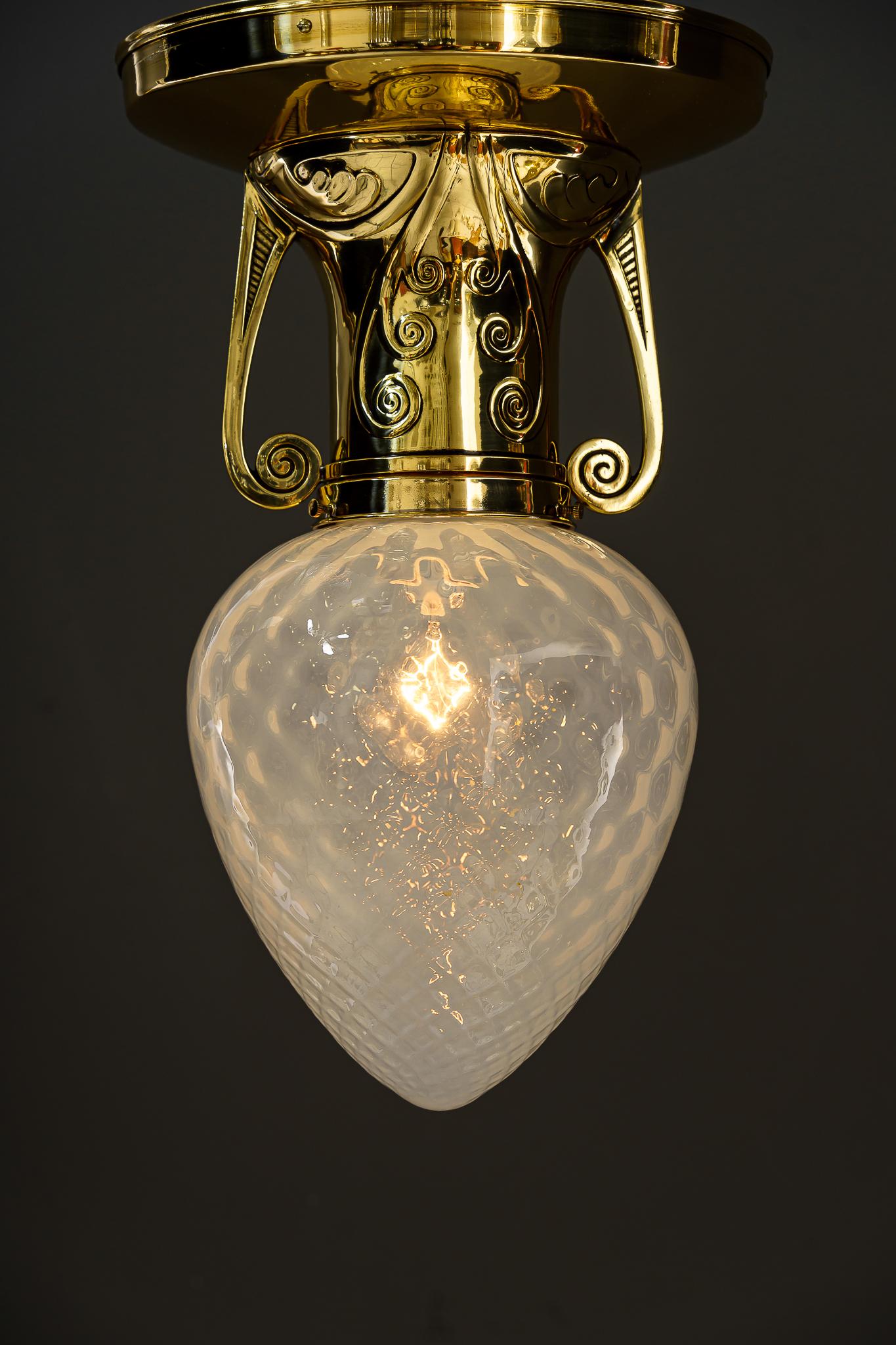 Art Deco Ceiling Lamp with Opaline Glass Shade Vienna Around 1920 In Good Condition For Sale In Wien, AT