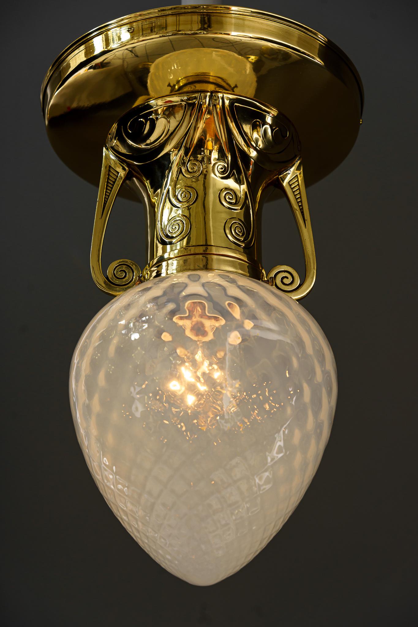 Early 20th Century Art Deco Ceiling Lamp with Opaline Glass Shade Vienna Around 1920 For Sale