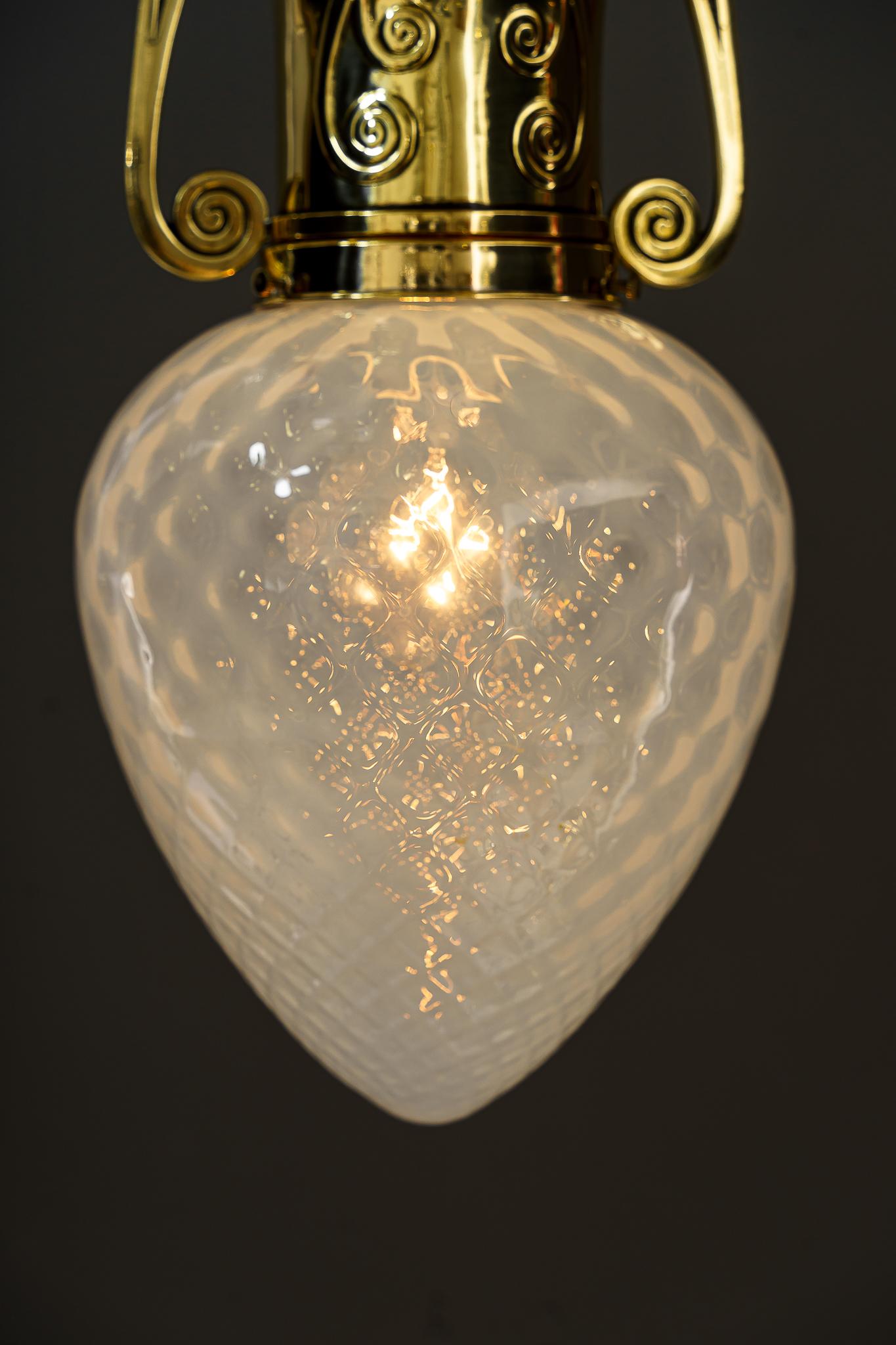 Brass Art Deco Ceiling Lamp with Opaline Glass Shade Vienna Around 1920 For Sale