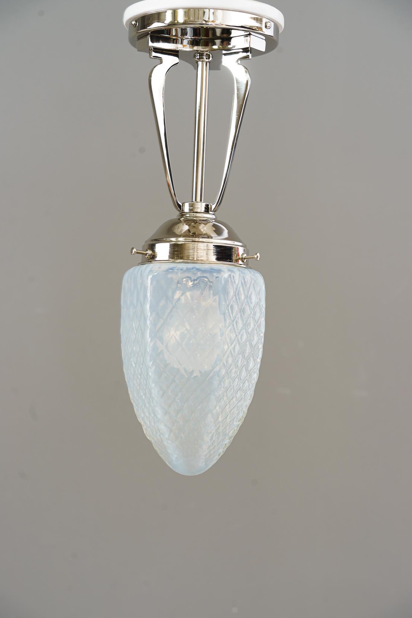 Plated Art Deco Ceiling Lamp with Opaline Glass Shade Vienna Around 1920s For Sale