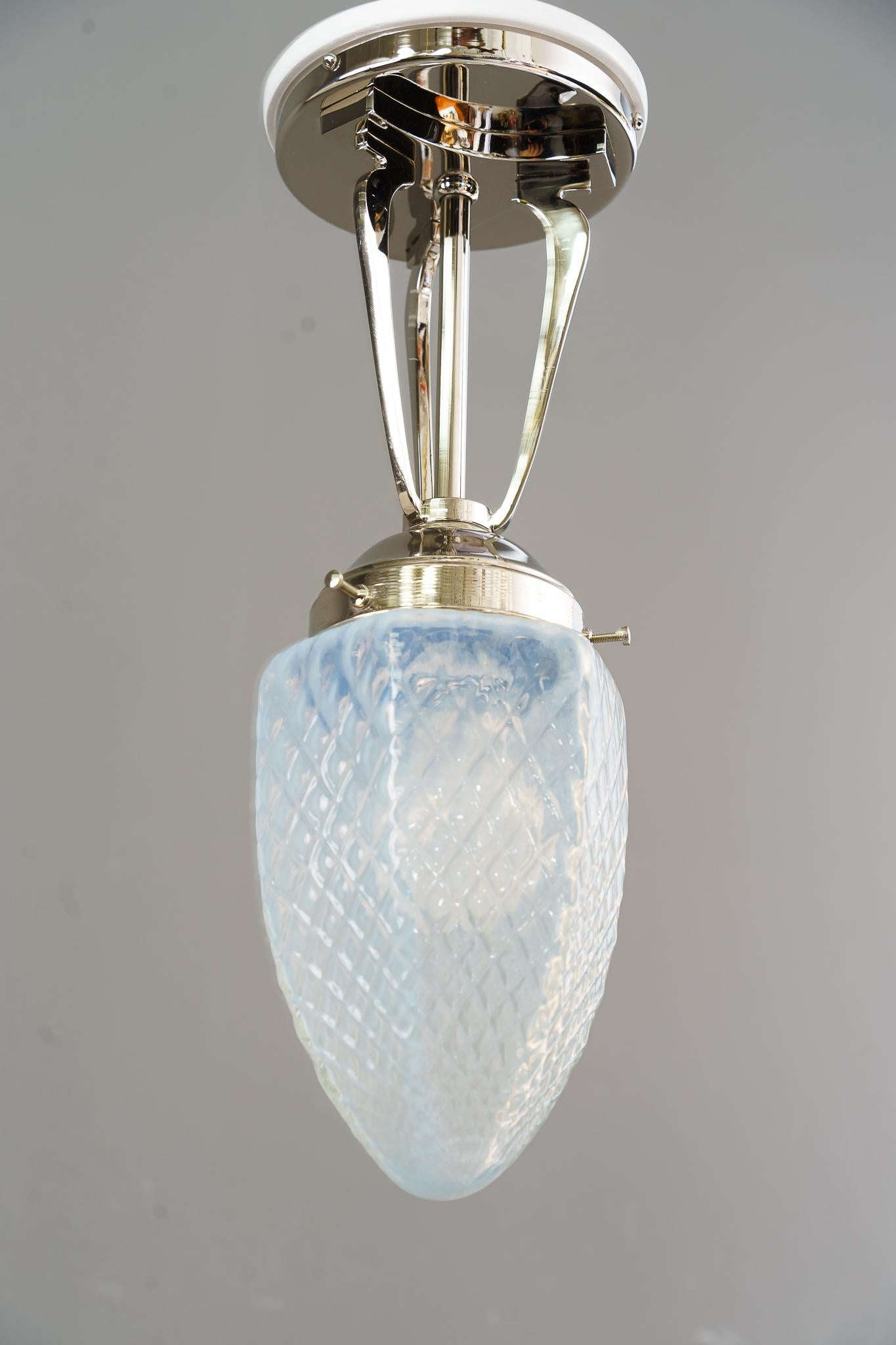 Brass Art Deco Ceiling Lamp with Opaline Glass Shade Vienna Around 1920s For Sale