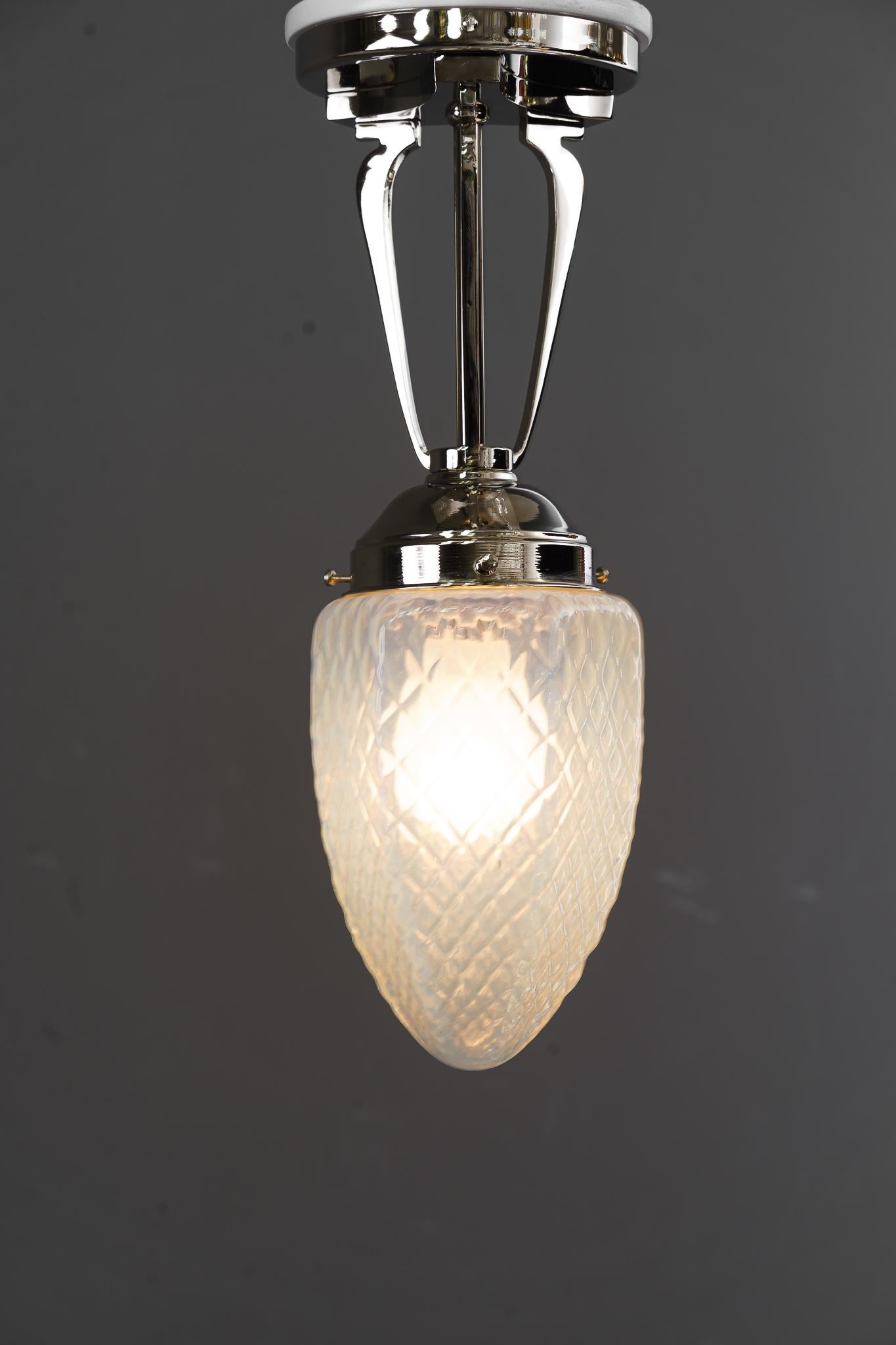Art Deco Ceiling Lamp with Opaline Glass Shade Vienna Around 1920s For Sale 2