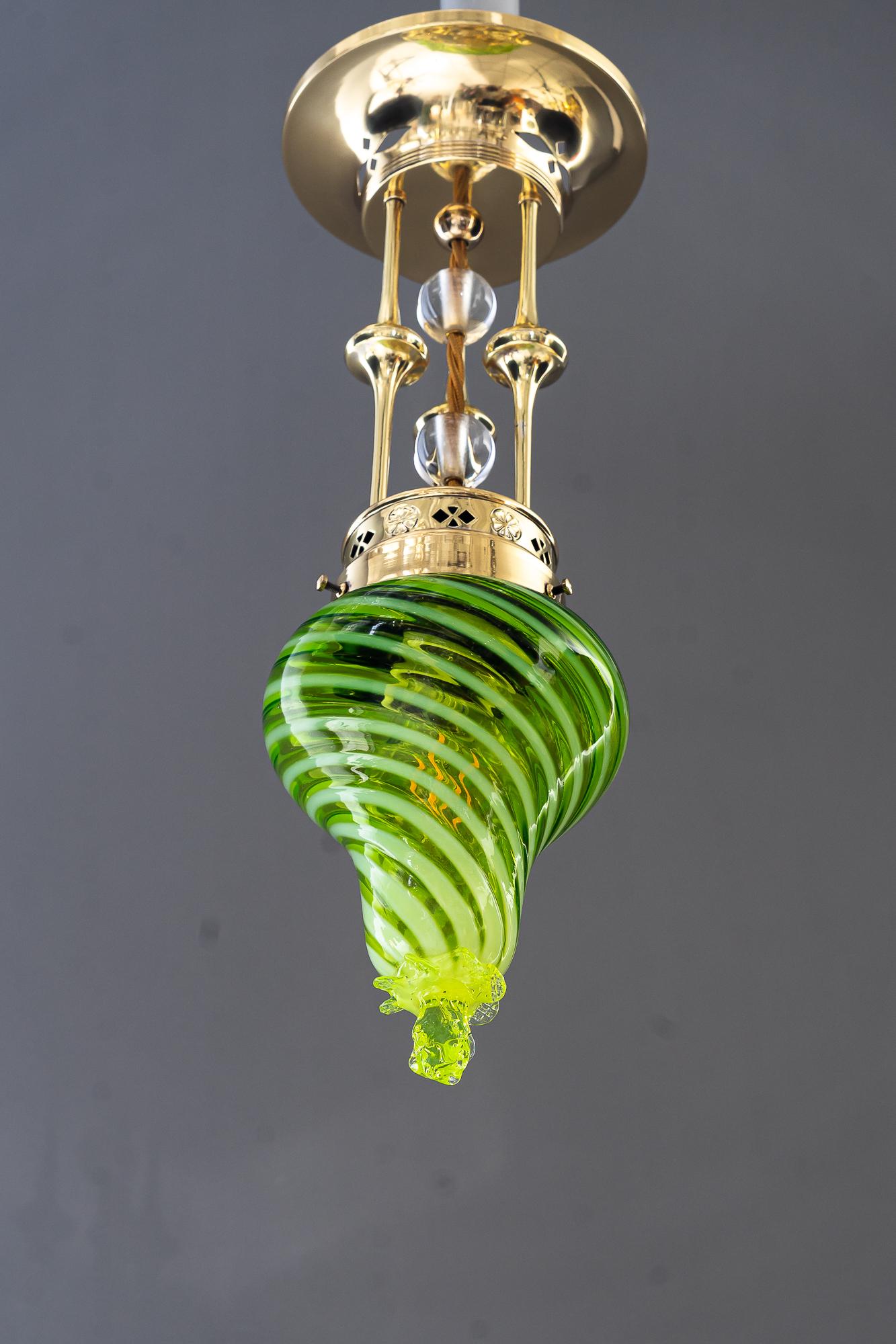 Art Deco Ceiling lamp with original antique opaline glass vienna around 1920s
Brass polished and stove enameled
Original old opaline glass shade
