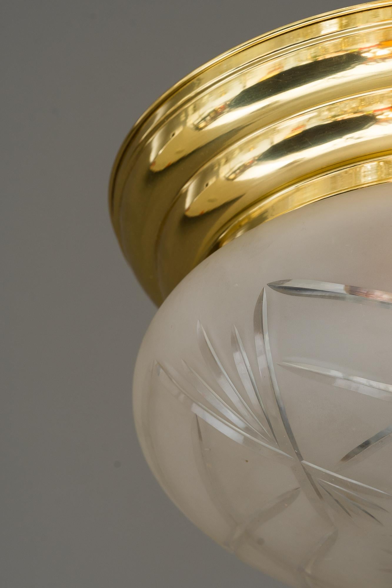 Art Deco Ceiling Lamp with Original Cut Glass Shade, Around 1920s In Good Condition For Sale In Wien, AT