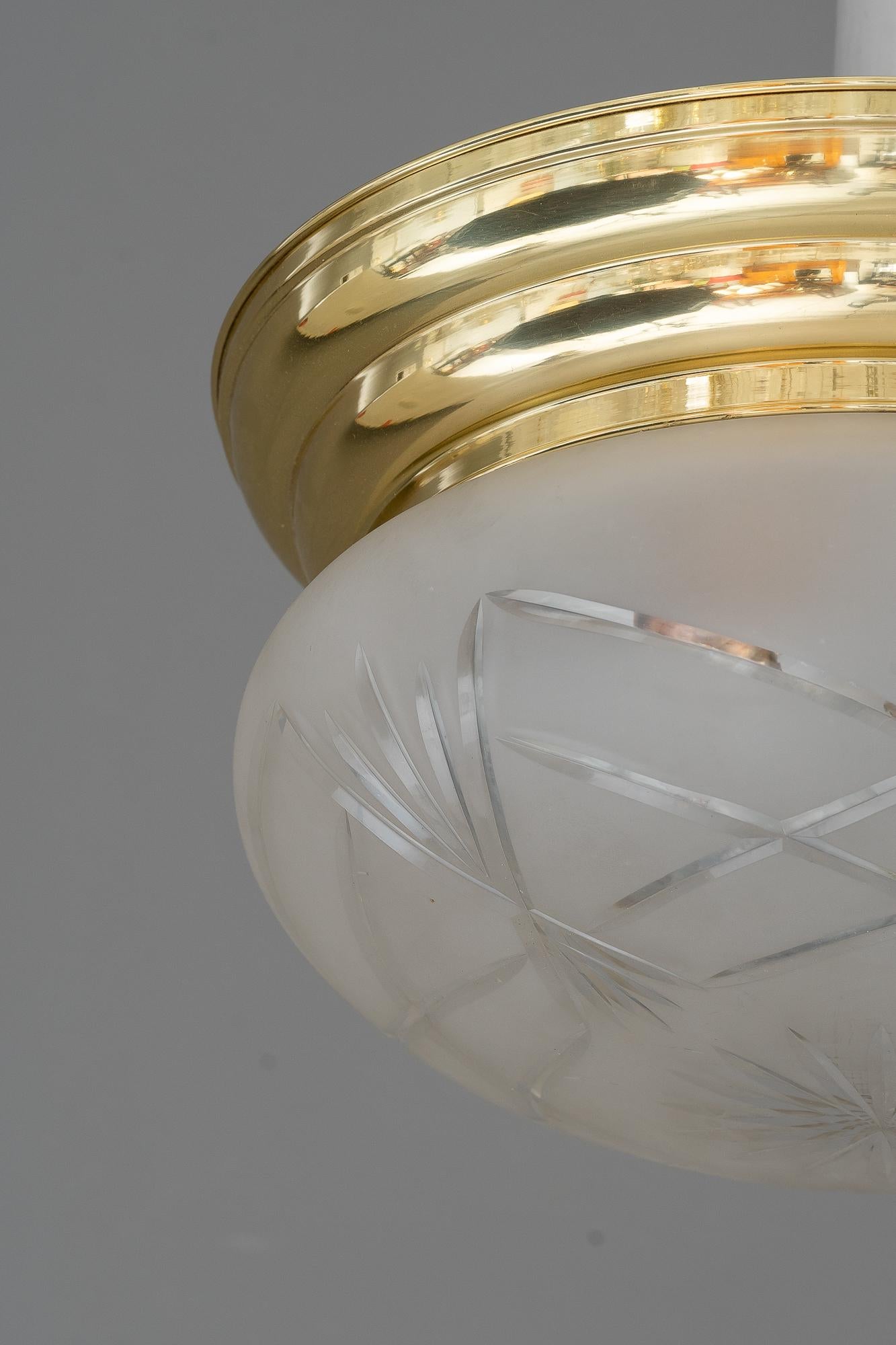 Early 20th Century Art Deco Ceiling Lamp with Original Cut Glass Shade, Around 1920s For Sale