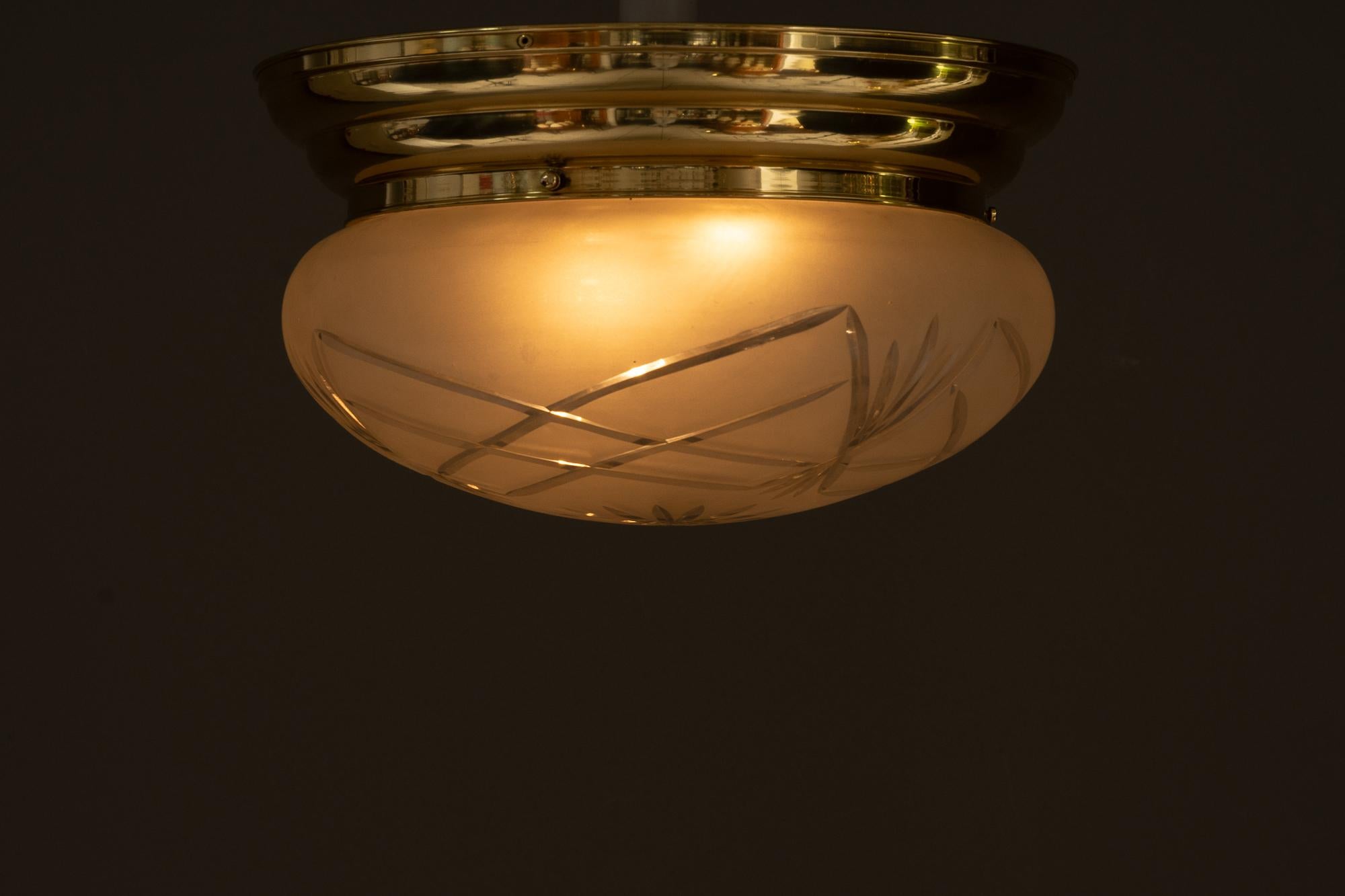 Brass Art Deco Ceiling Lamp with Original Cut Glass Shade, Around 1920s For Sale