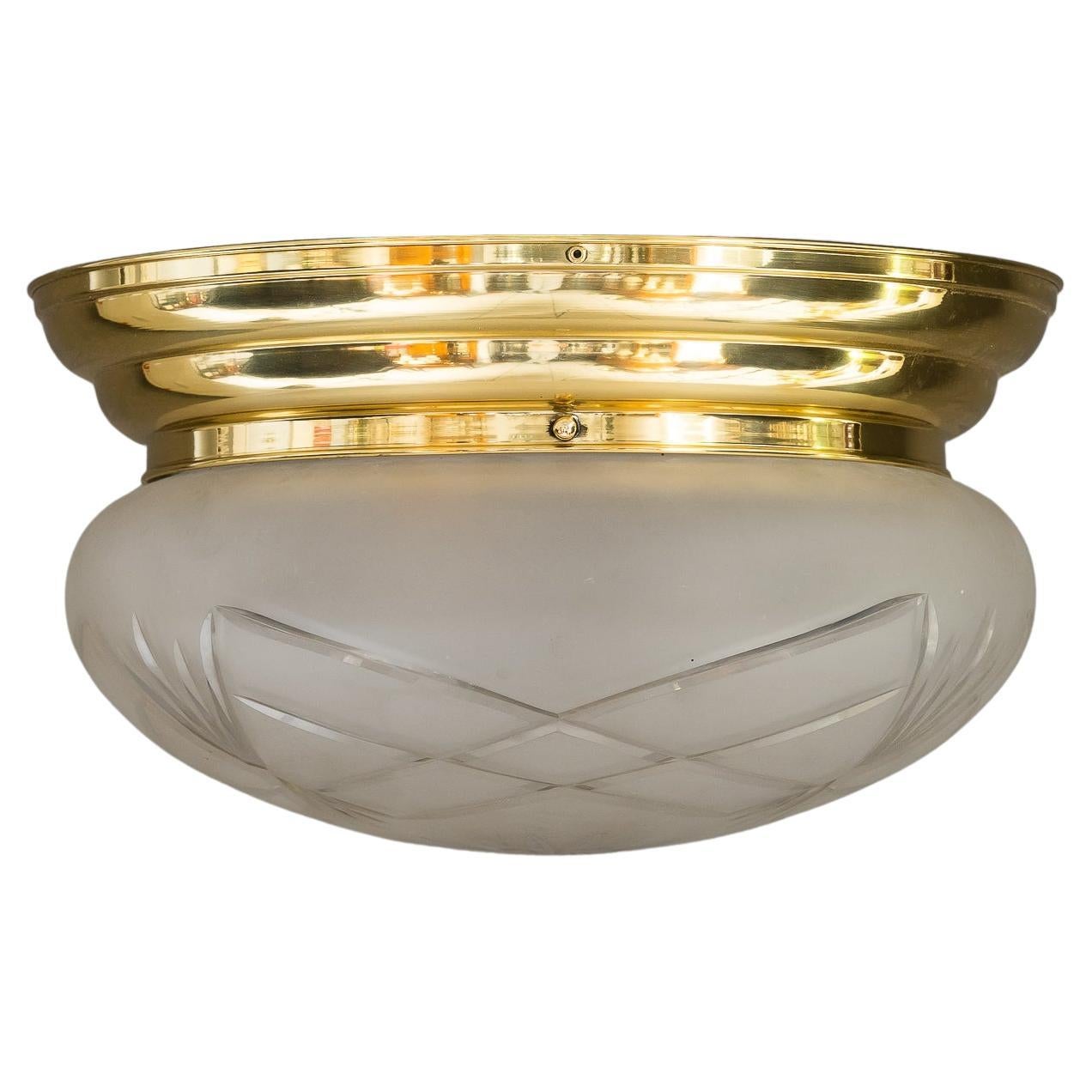 Art Deco Ceiling Lamp with Original Cut Glass Shade, Around 1920s For Sale