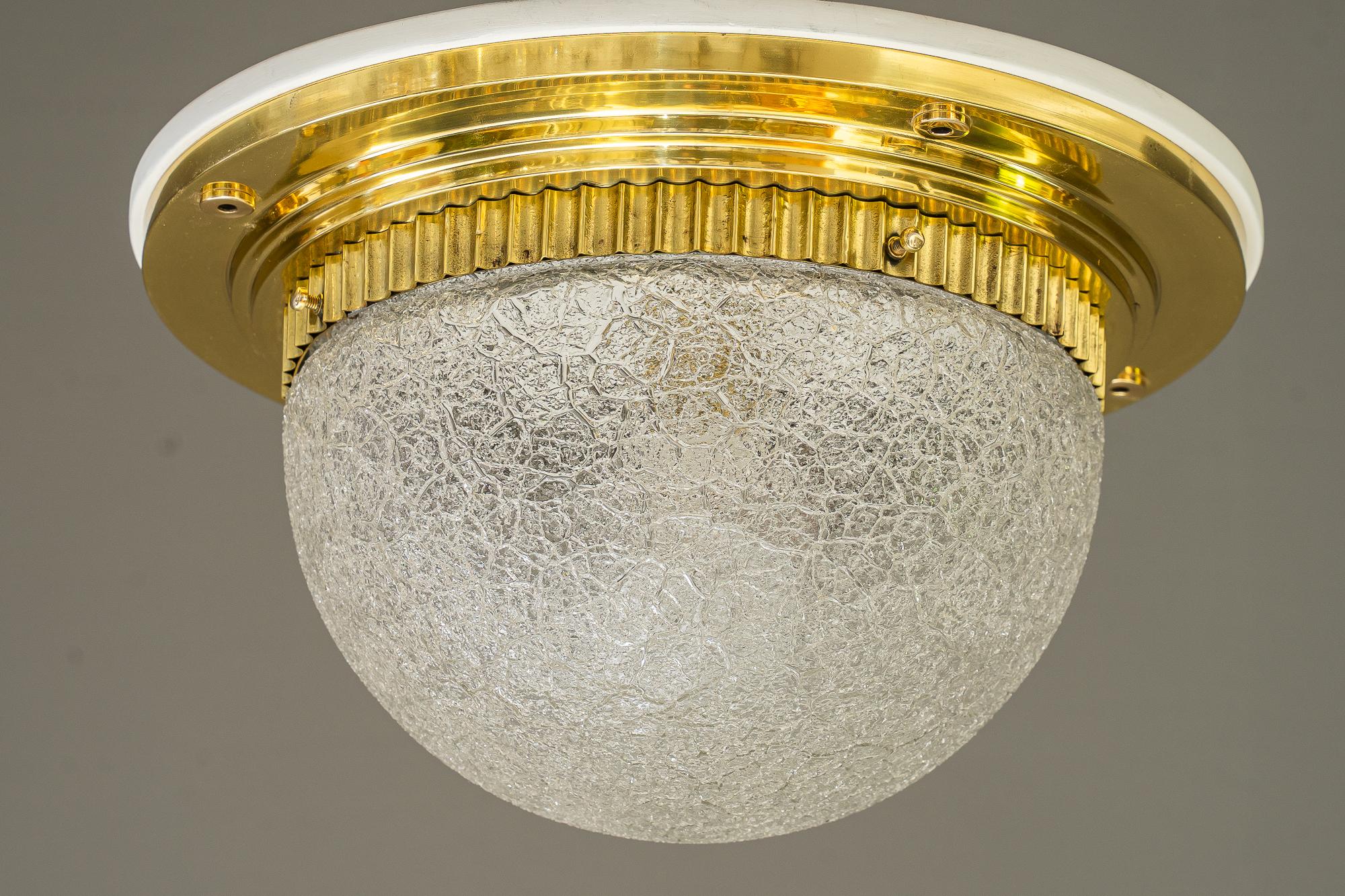 Art Deco ceiling lamp with original glass shade vienna around 1920s
Brass polished and stove enameled
Original glass shade 