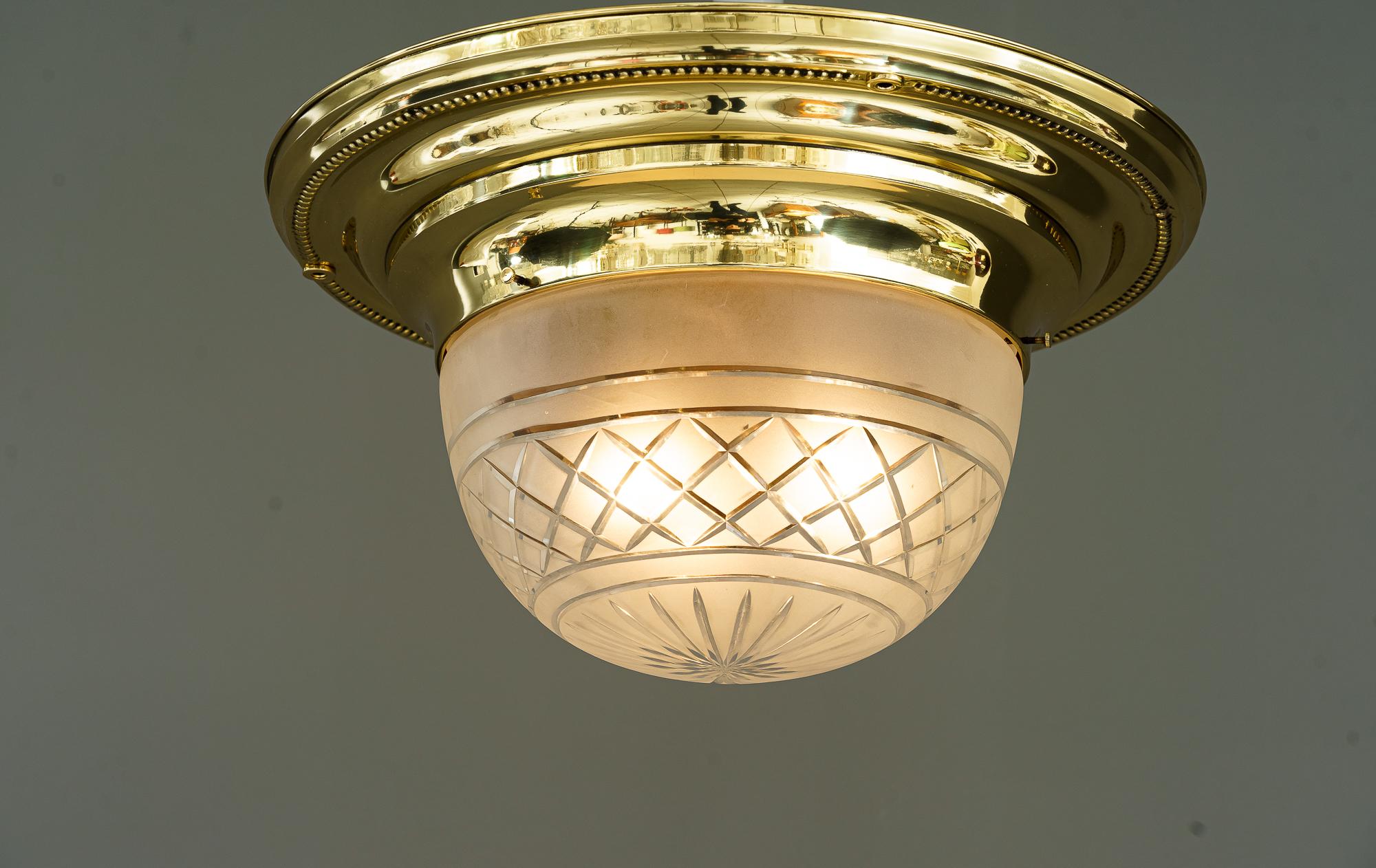 Brass Art Deco Ceiling Lamp with Original Glass Shade Vienna Around 1920s For Sale