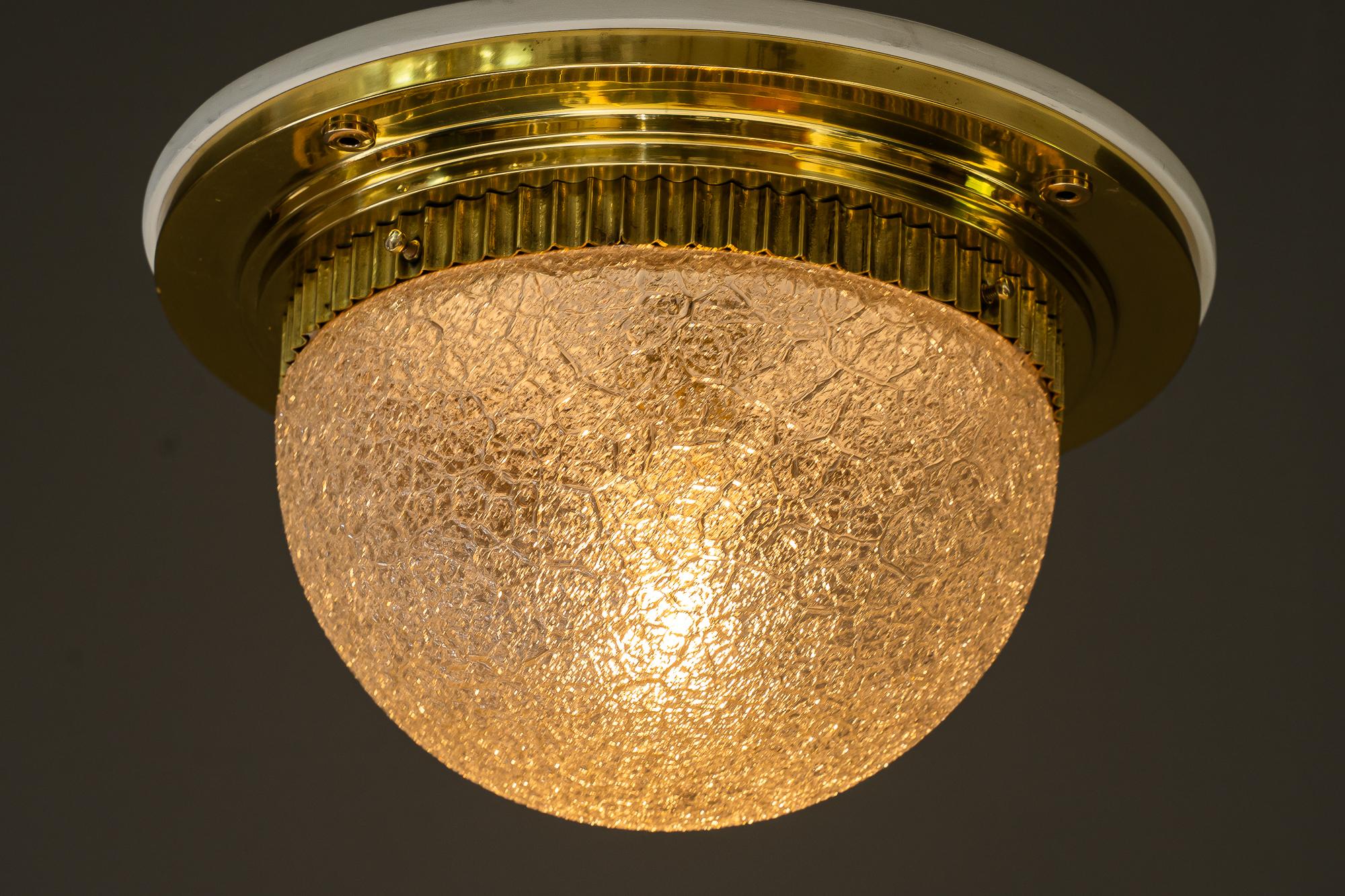 Brass Art Deco ceiling lamp with original glass shade vienna around 1920s For Sale