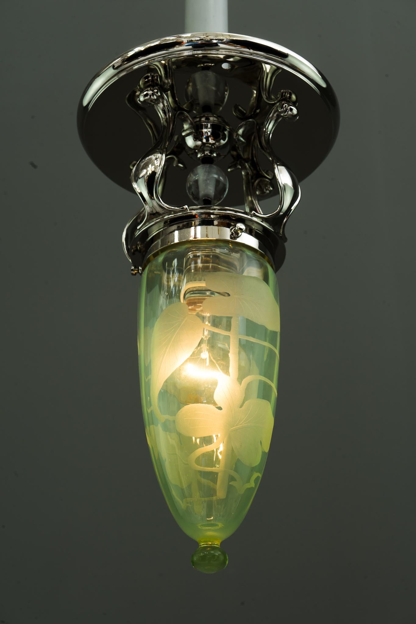 Plated Art Deco Ceiling Lamp with Original Old Opaline Glass Shade, circa 1920s