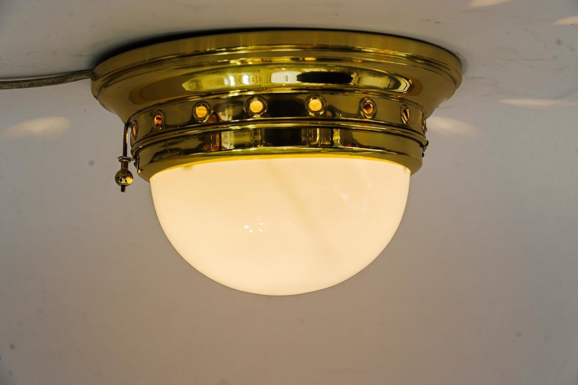 Brass Art Deco Ceiling Lamp with Original Opal Glass Shade Vienna, circa 1920s