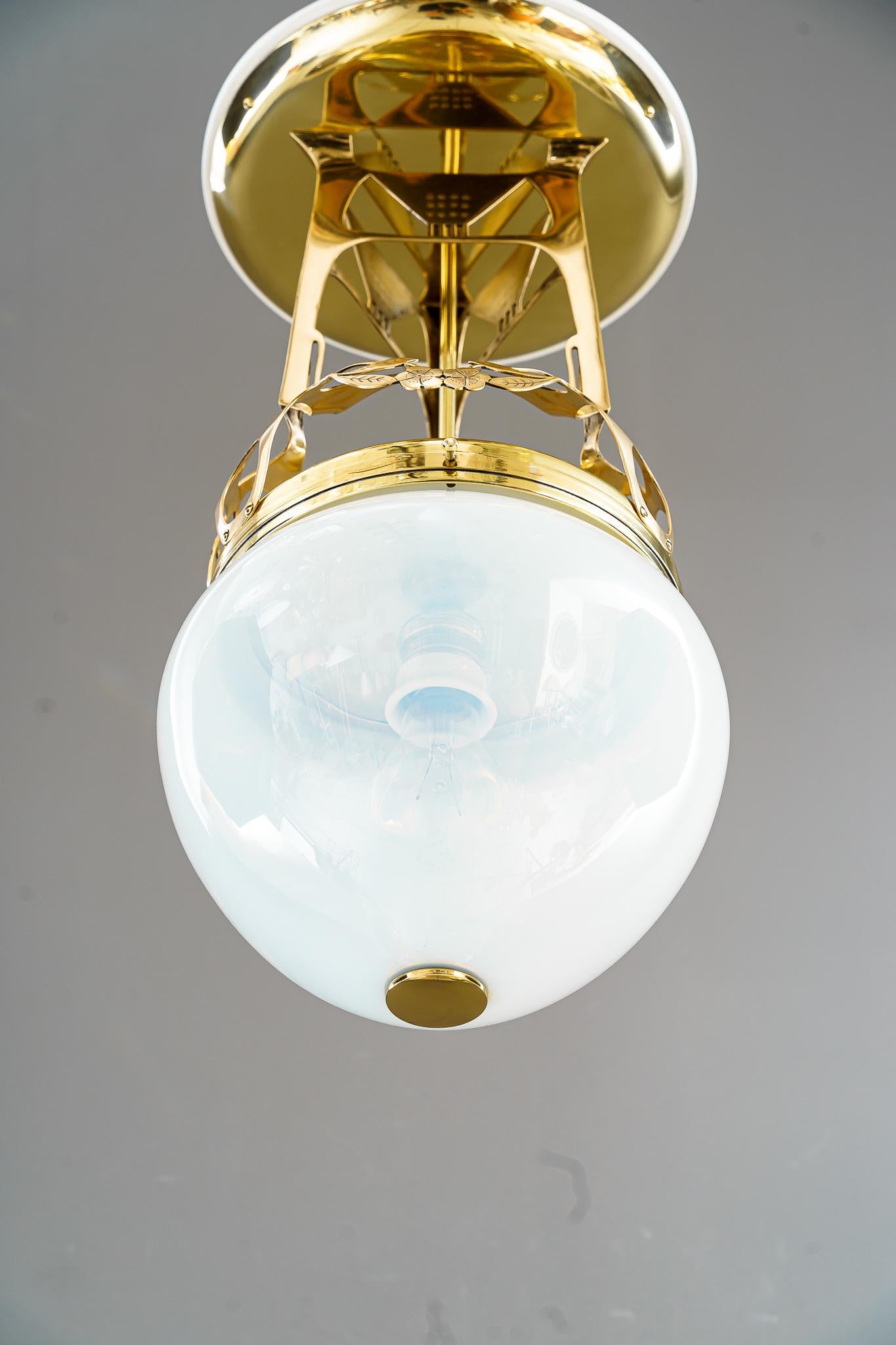 Early 20th Century Art Deco Ceiling Lamp with Original Opaline Glass Shade, Vienna, Around 1920s