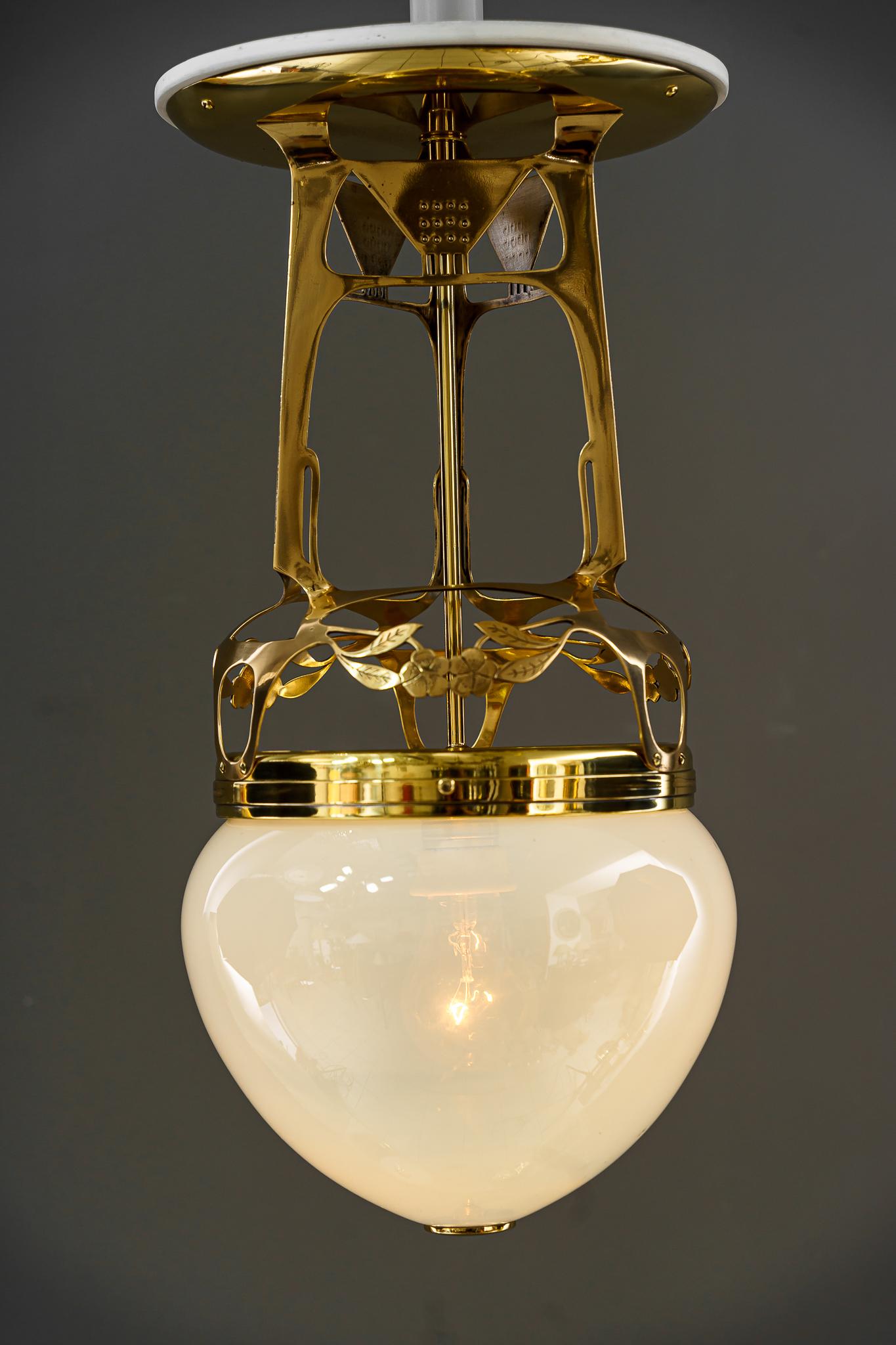 Brass Art Deco Ceiling Lamp with Original Opaline Glass Shade, Vienna, Around 1920s