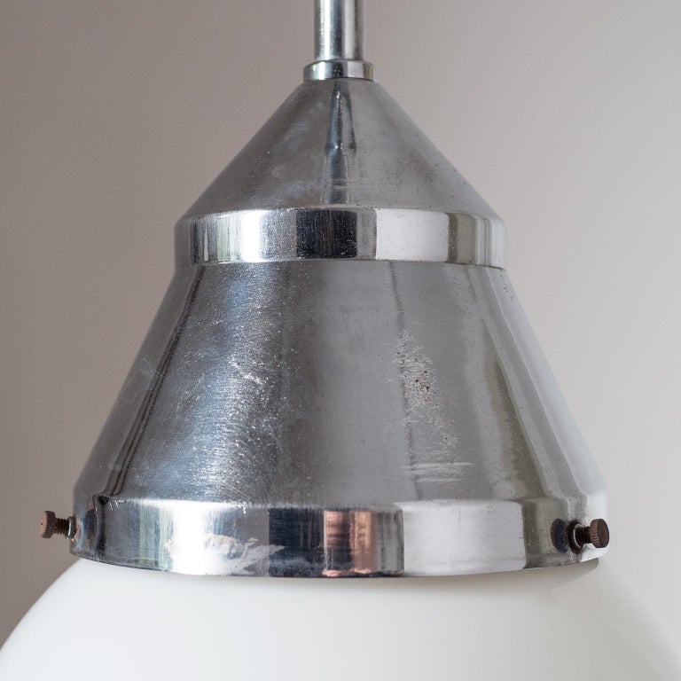Early 20th Century Art Deco Ceiling Light, 1920s, Chrome and Opaline Glass For Sale