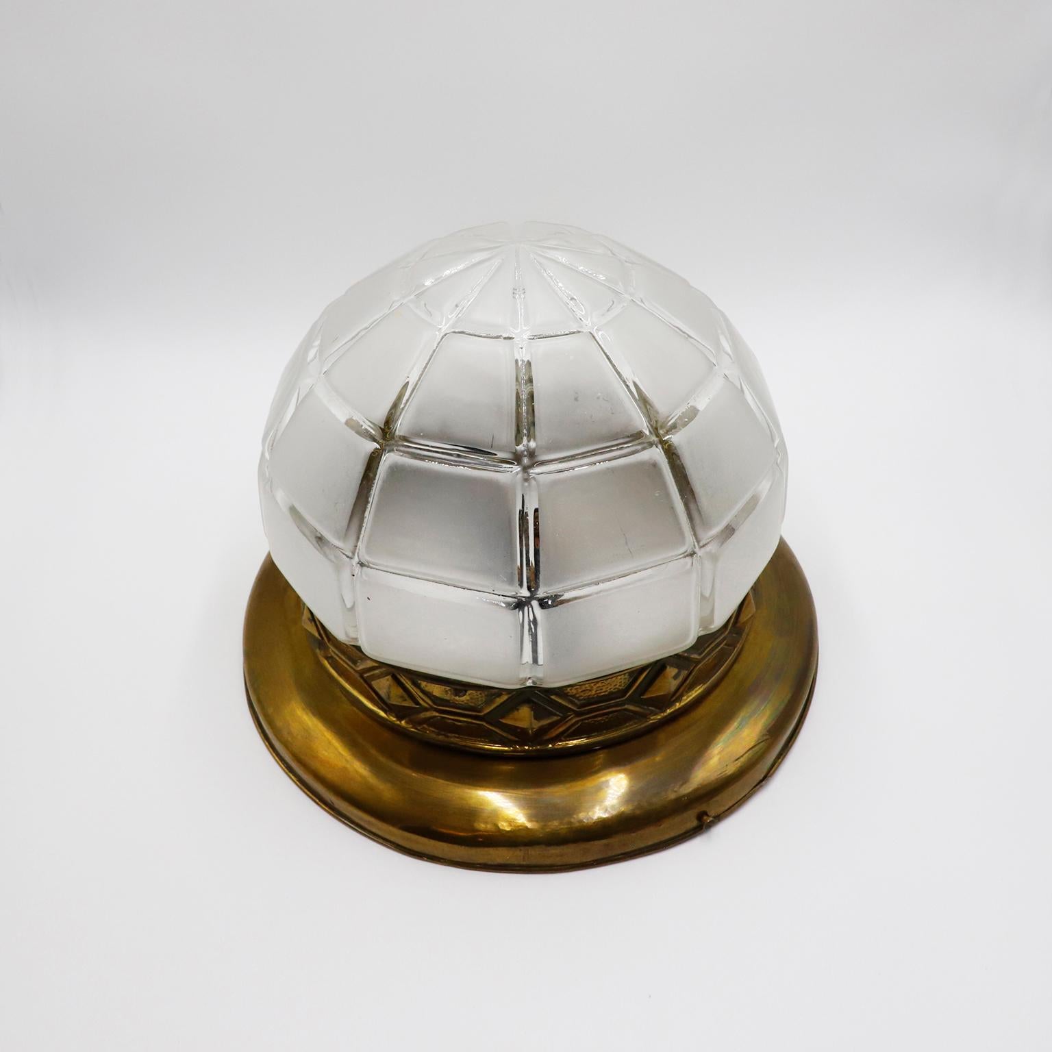 Circa 1930, We offer this Art Deco Ceiling Light. Made in opaline glass and brass, fantastic patina. Recently restored with a new electrical system and working perfectly.