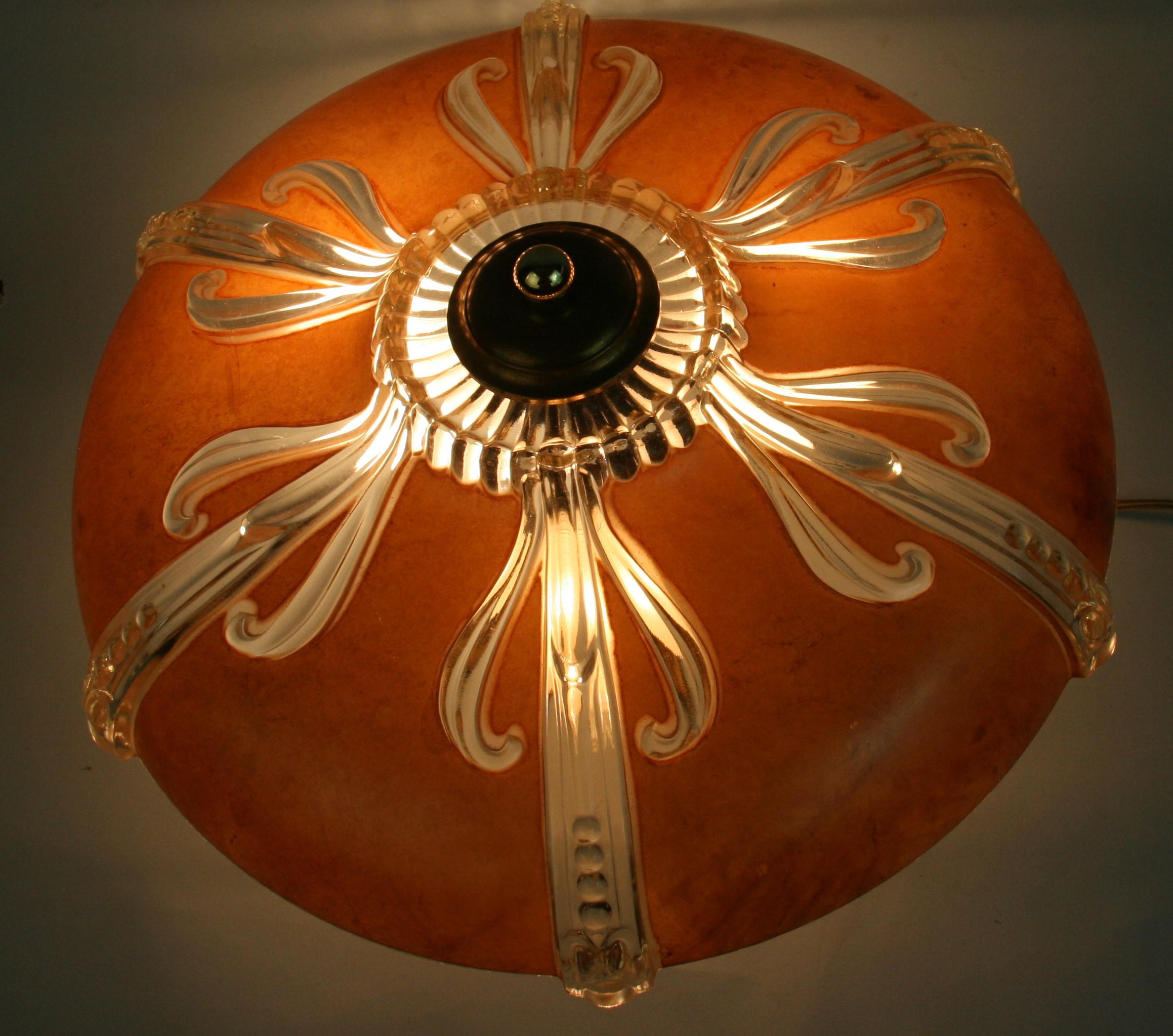 Art Deco Ceiling Light Amber and Embossed Clear glass 1930's For Sale 2